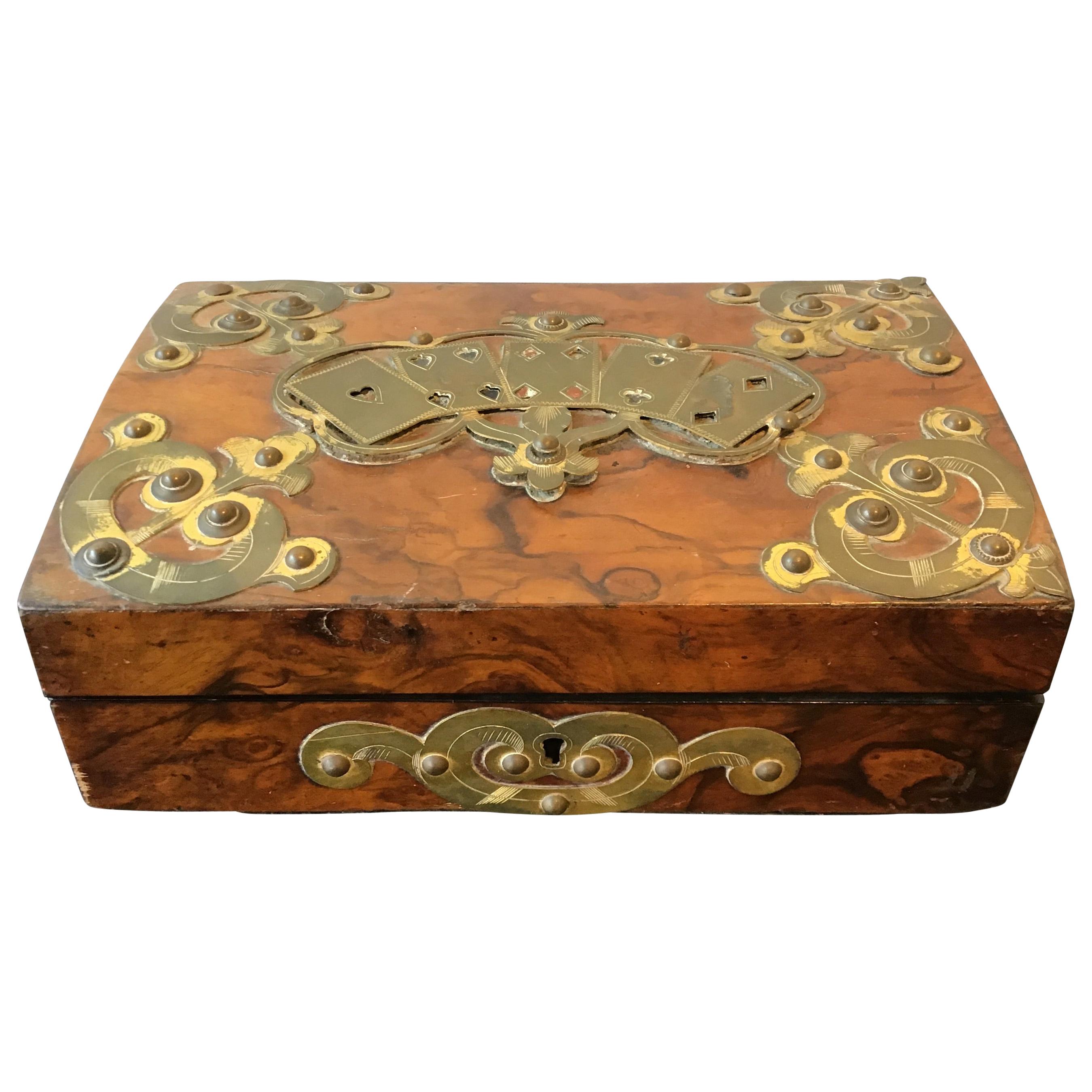 1880s English Wood and Brass Overlay Card Box For Sale