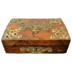 Antique 1880s English Wood and Brass Overlay Card Box