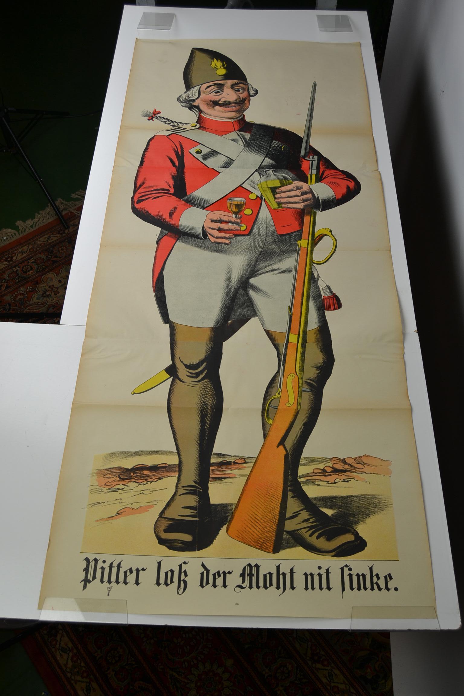 1880er Jahre Europäisches lebensgroßes Lithografieplakat mit einem Offizier im Angebot 14