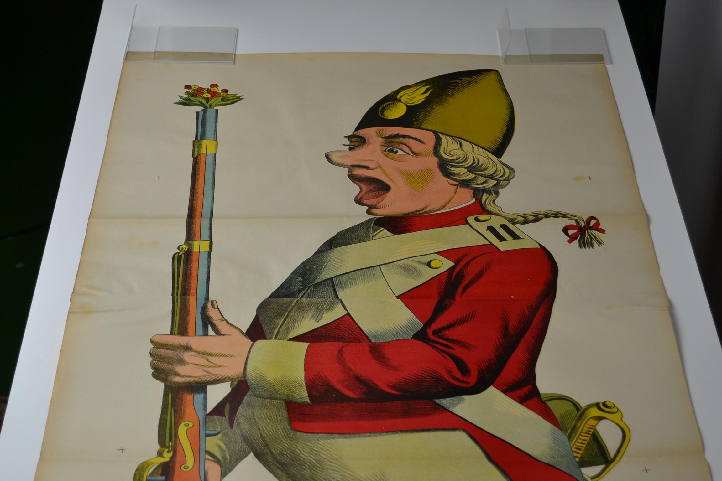 Awesome stone lithography poster with an officer.
This life-size poster is so eye-catching !
It has spectacular colors and size . +/- 64.37 inch height , +/- 163.50 cm height !
It dates from the 1880s from the Alsatian region of France, from