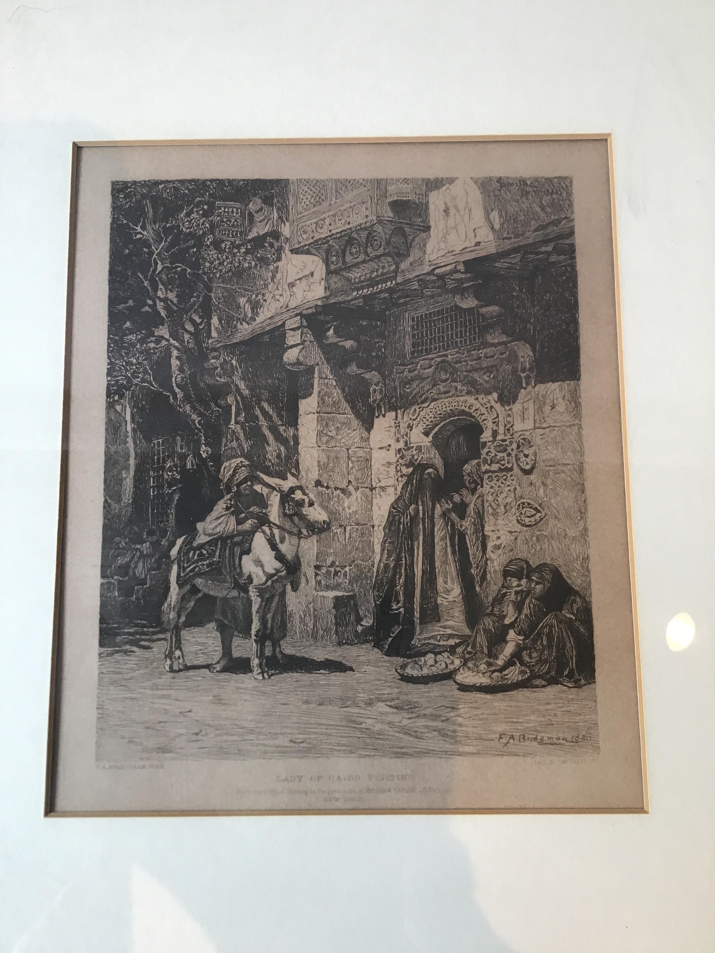 1880s F. A. Bridgman etching entitled Lady of Cairo Visiting.