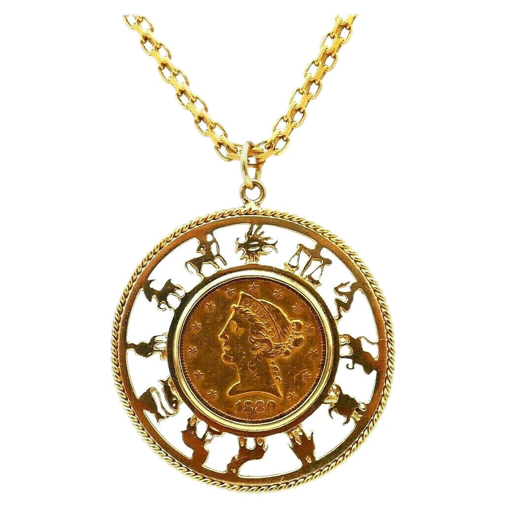 1880s Cinq Dollar Pièce d
Or Jaune Pendentif Astrologique Chaîne Collier