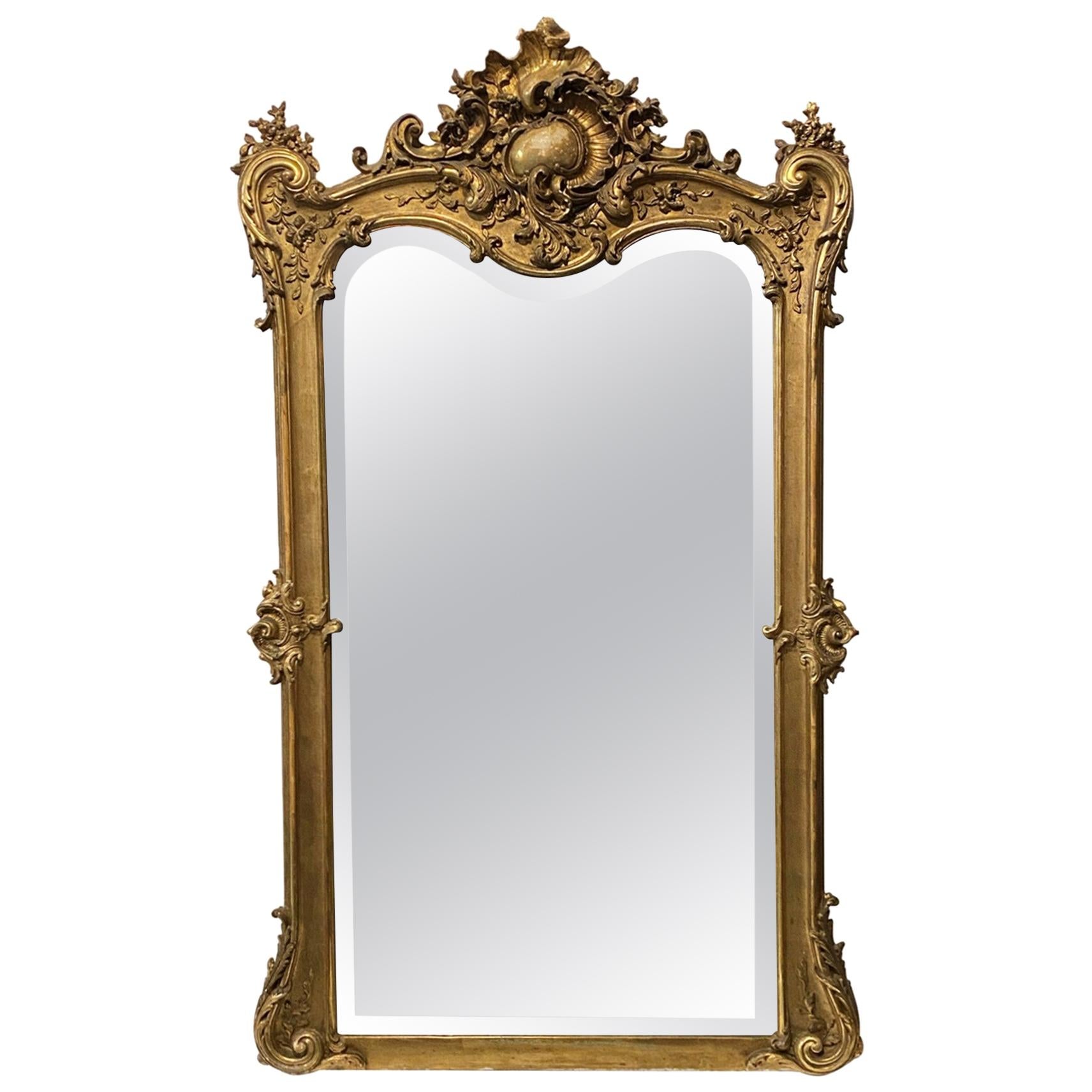 1880s French Beveled Glass Gilt Mirror Gesso and Hand Carved Wood