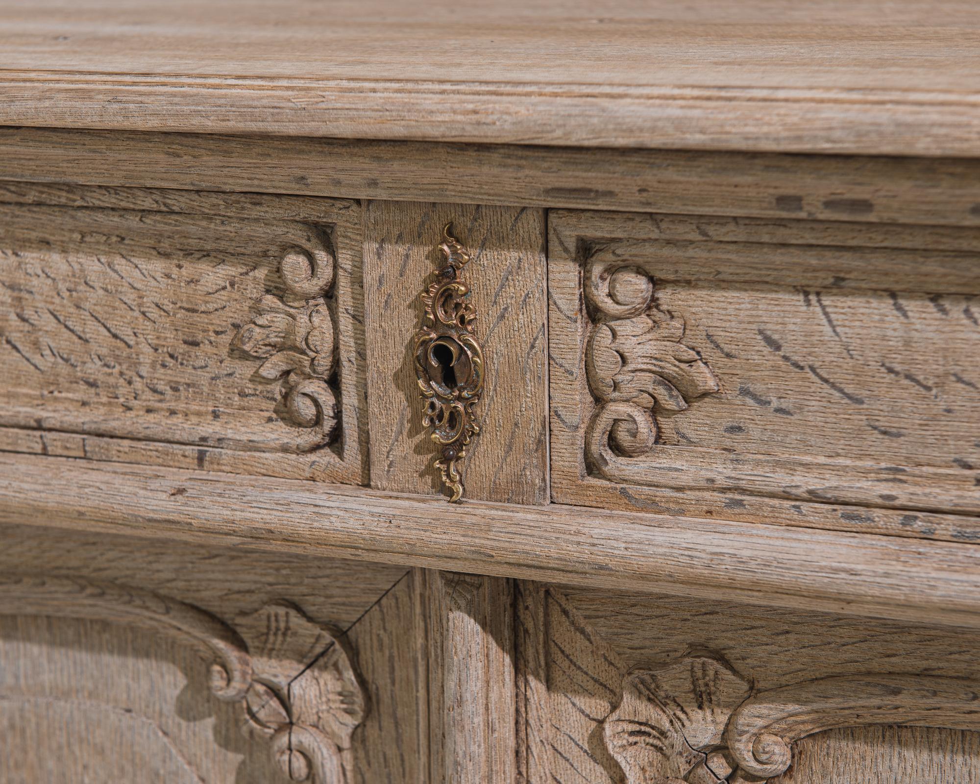 Brass 1880s French Bleached Oak Buffet