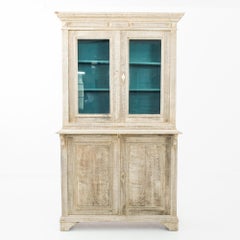 1880s French Bleached Oak Vitrine with Teal Blue Interior