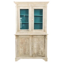 Antique 1880s French Bleached Oak Vitrine with Teal Blue Interior