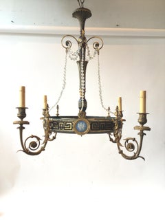 1880s French Bronze Classical Greek Key with Wedgwood Plaques Chandelier