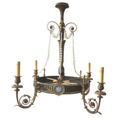 Antique 1880s French Bronze Classical Greek Key with Wedgwood Plaques Chandelier