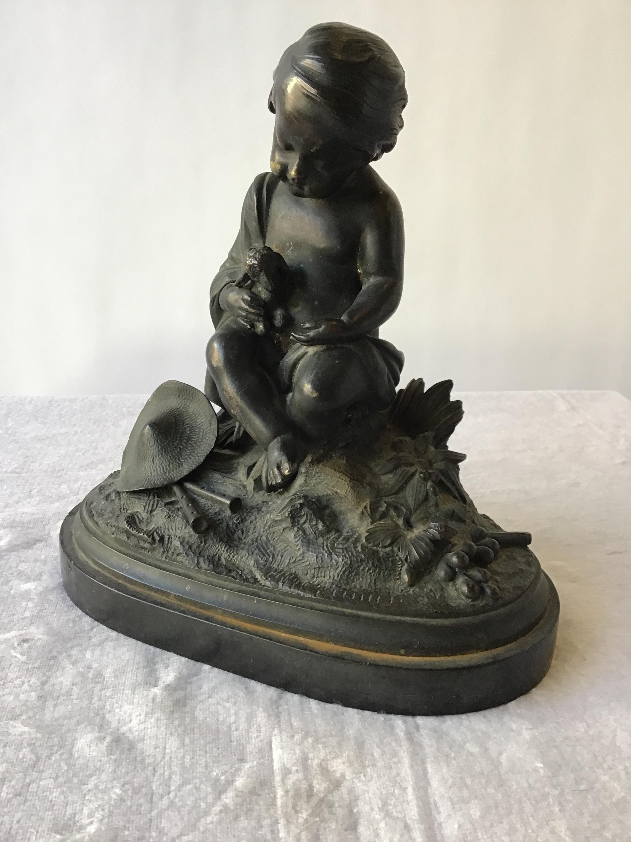 1880s French bronze of boy and baby lamb. Unsigned.