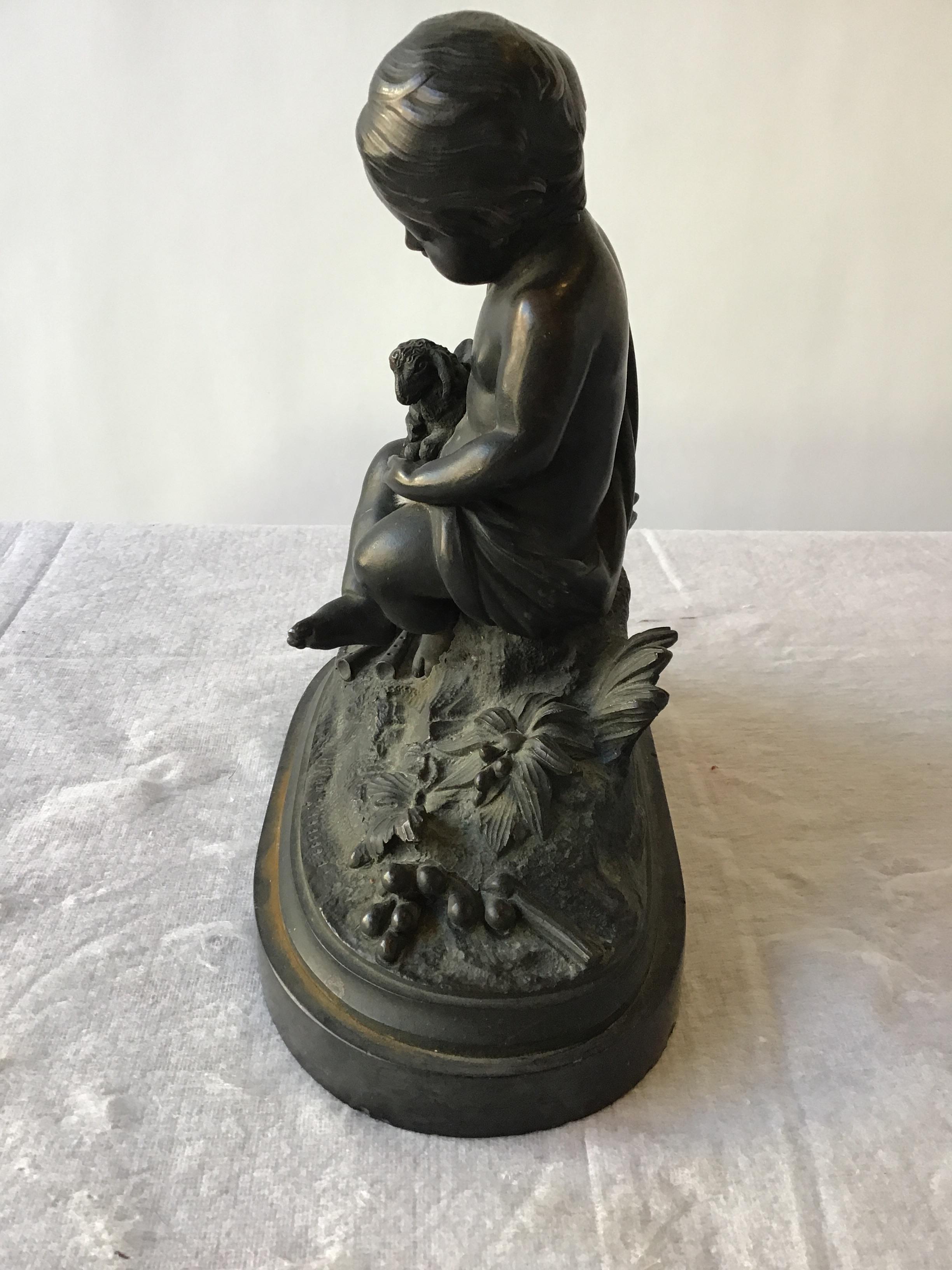 1880s French Bronze of Boy and Baby Lamb In Good Condition For Sale In Tarrytown, NY