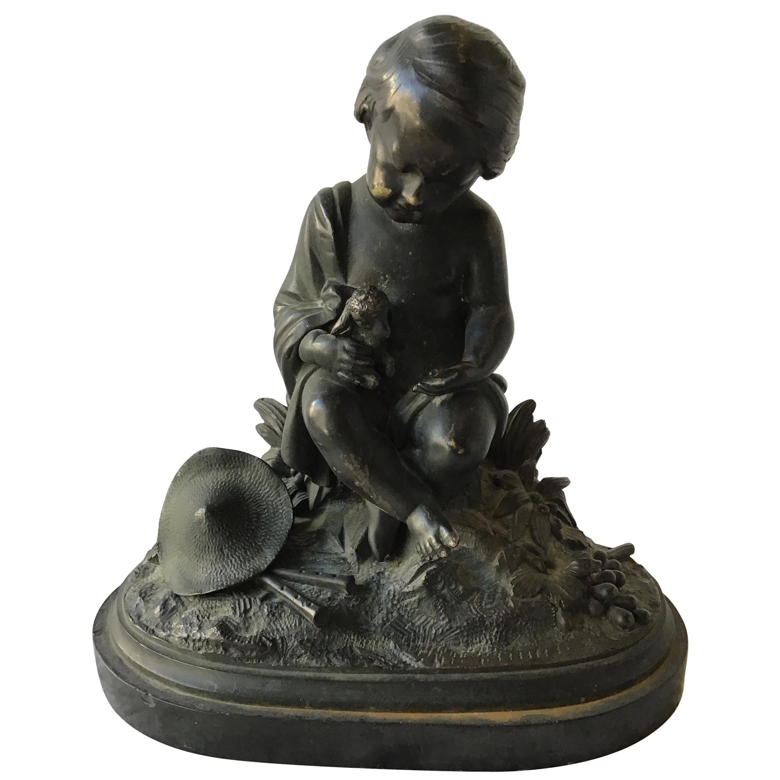 bronze français des années 1880 représentant un garçon et un agneau en bas âge