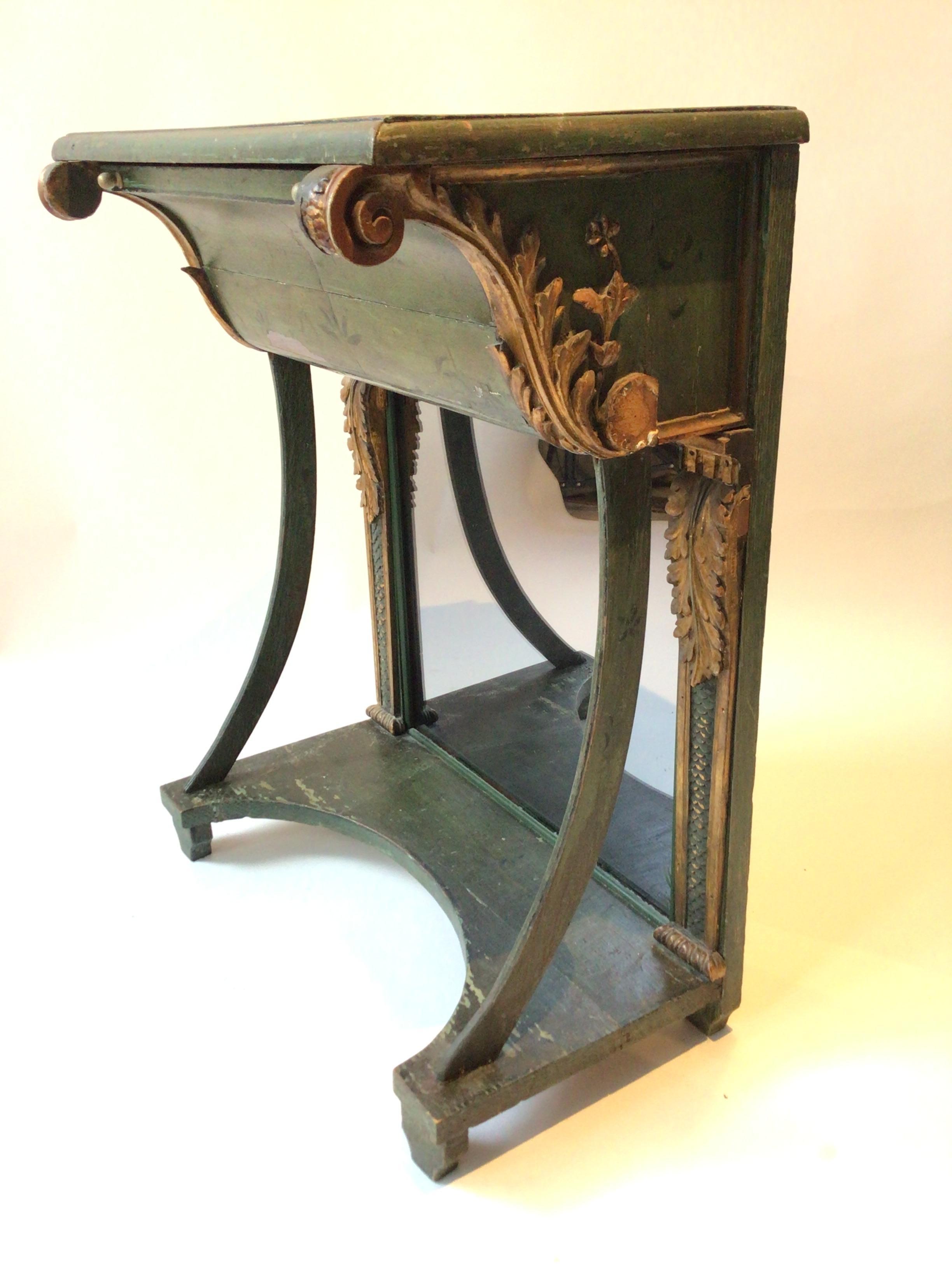 Late 19th Century 1880s French Classical Painted Green Gilt Mirrored Back Console For Sale