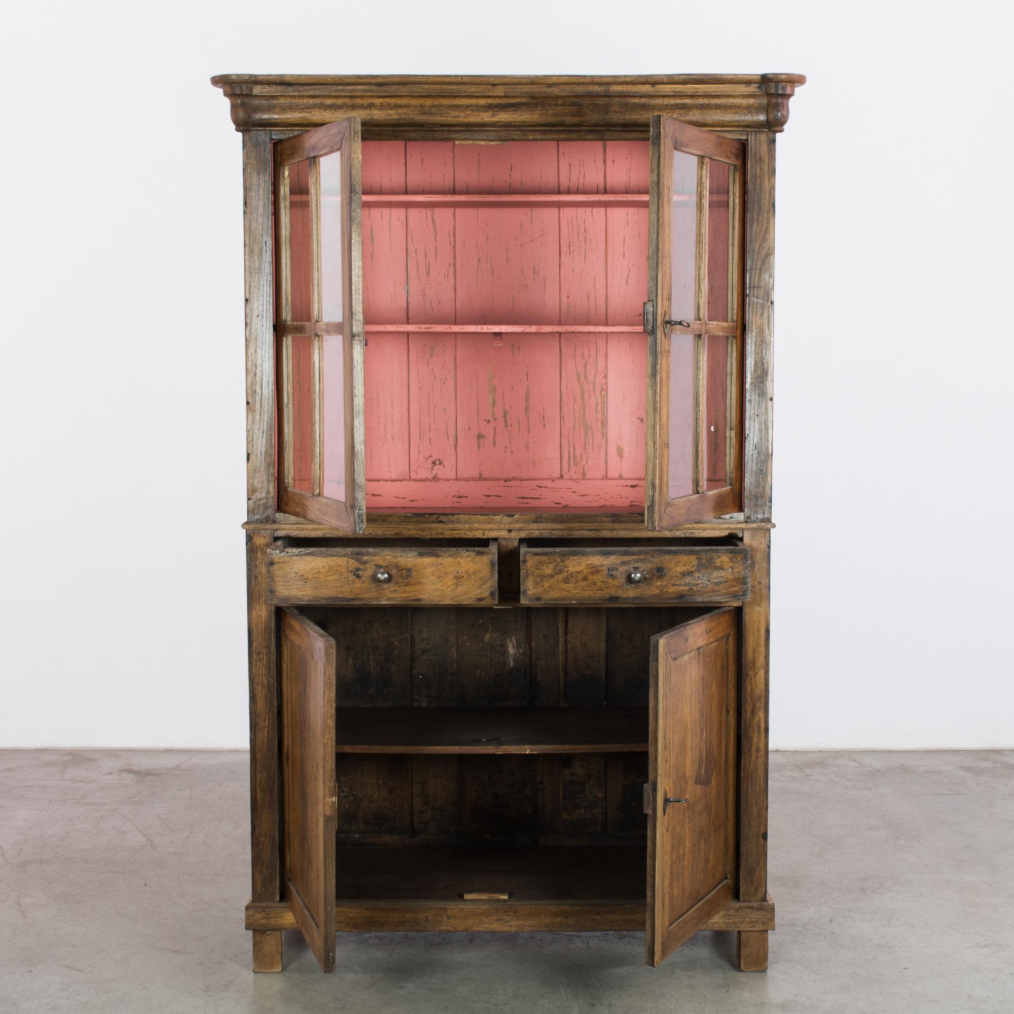 1880s French Country Oak Vitrine with Rose Pink Interior In Good Condition In High Point, NC