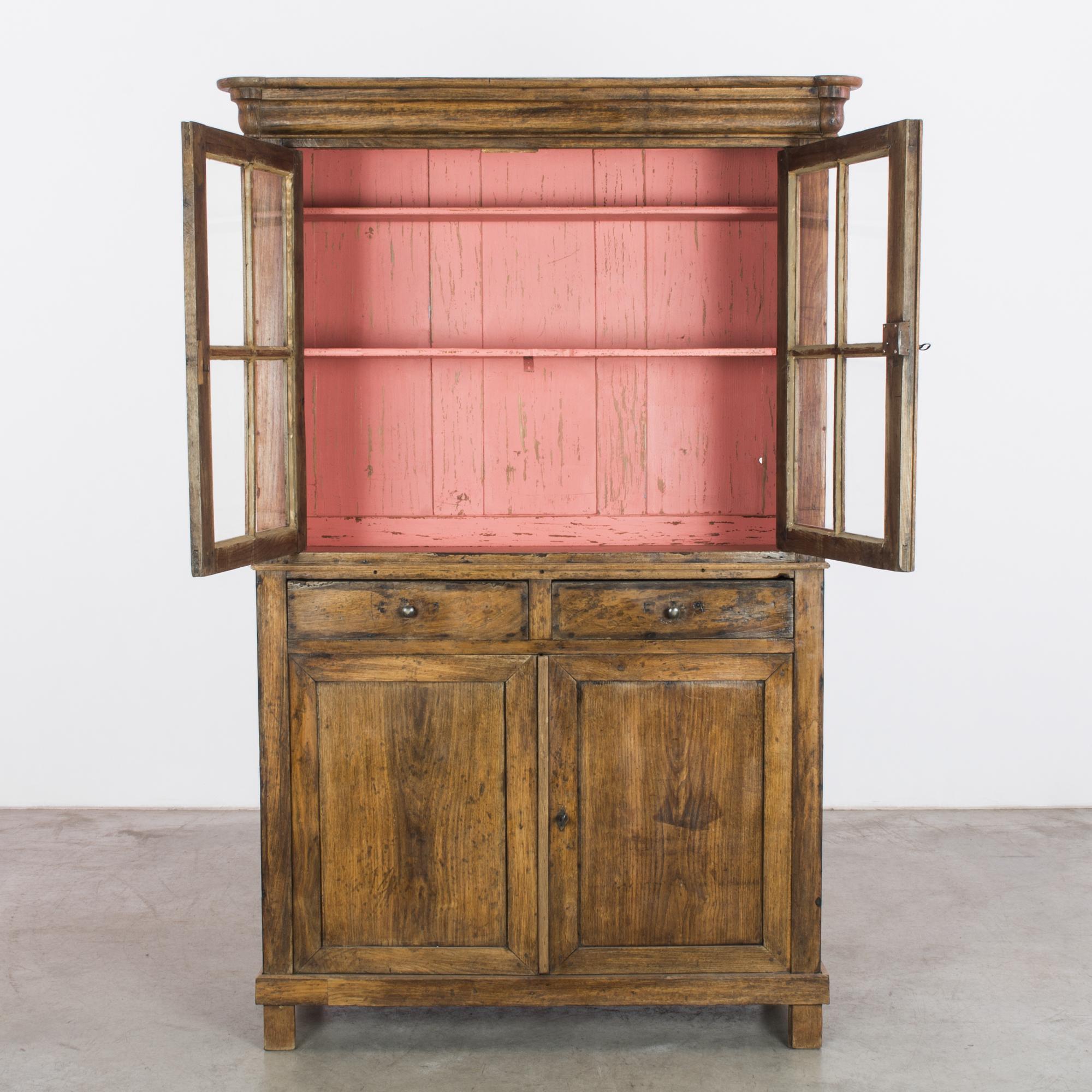 19th Century 1880s French Country Oak Vitrine with Rose Pink Interior