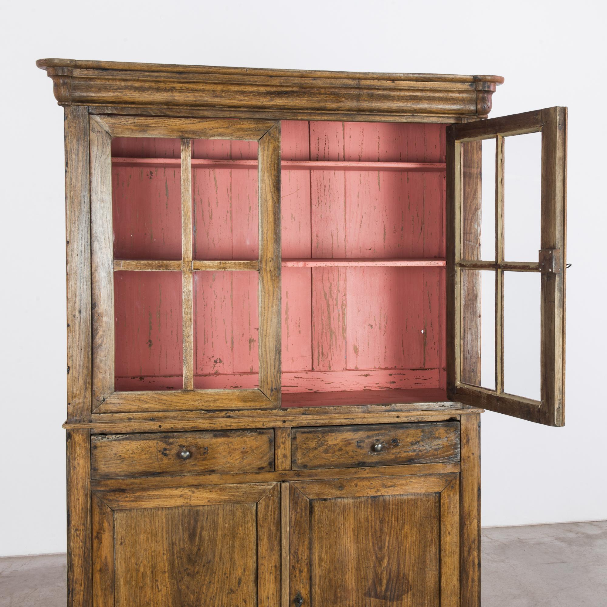 Brass 1880s French Country Oak Vitrine with Rose Pink Interior