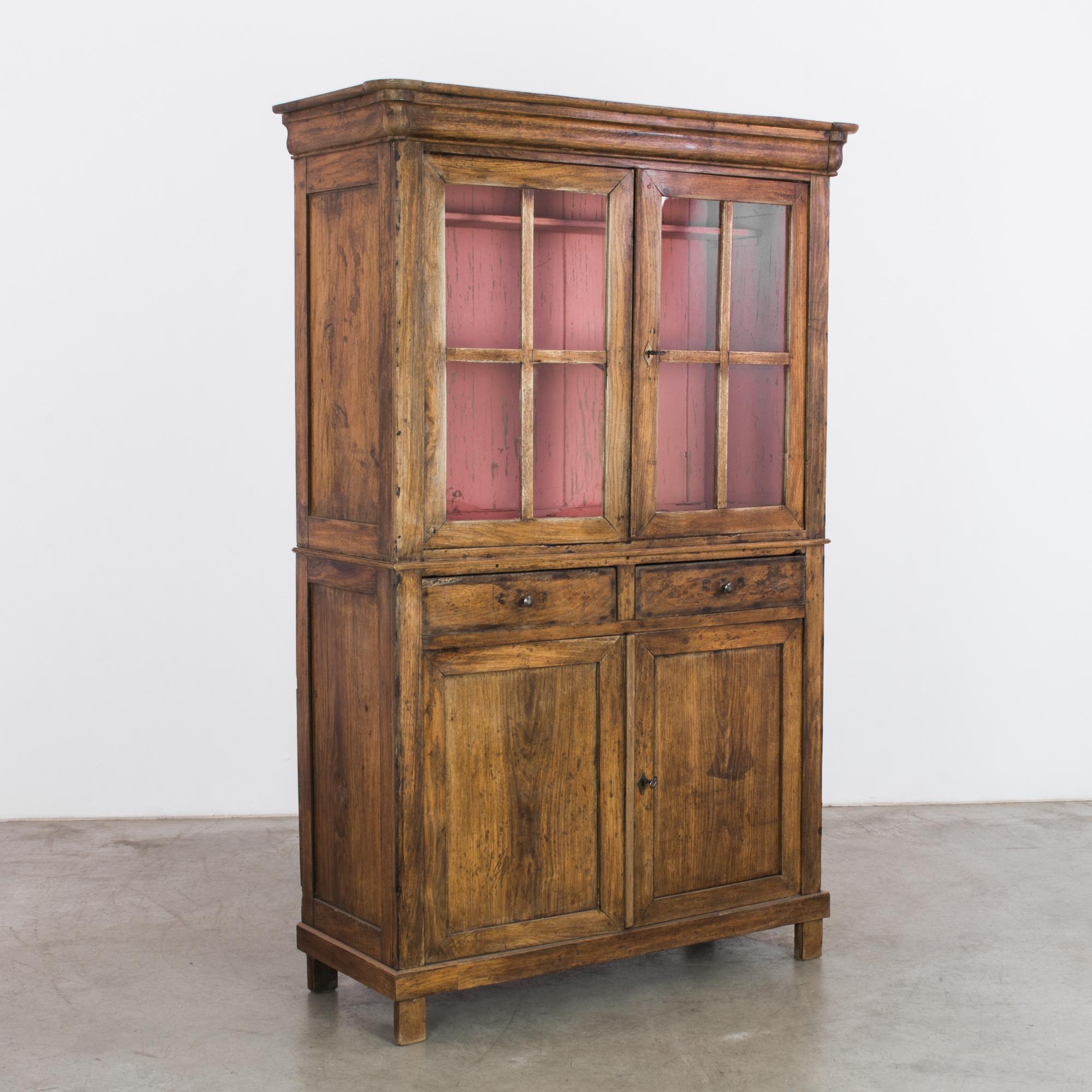 1880s French Country Oak Vitrine with Rose Pink Interior 1