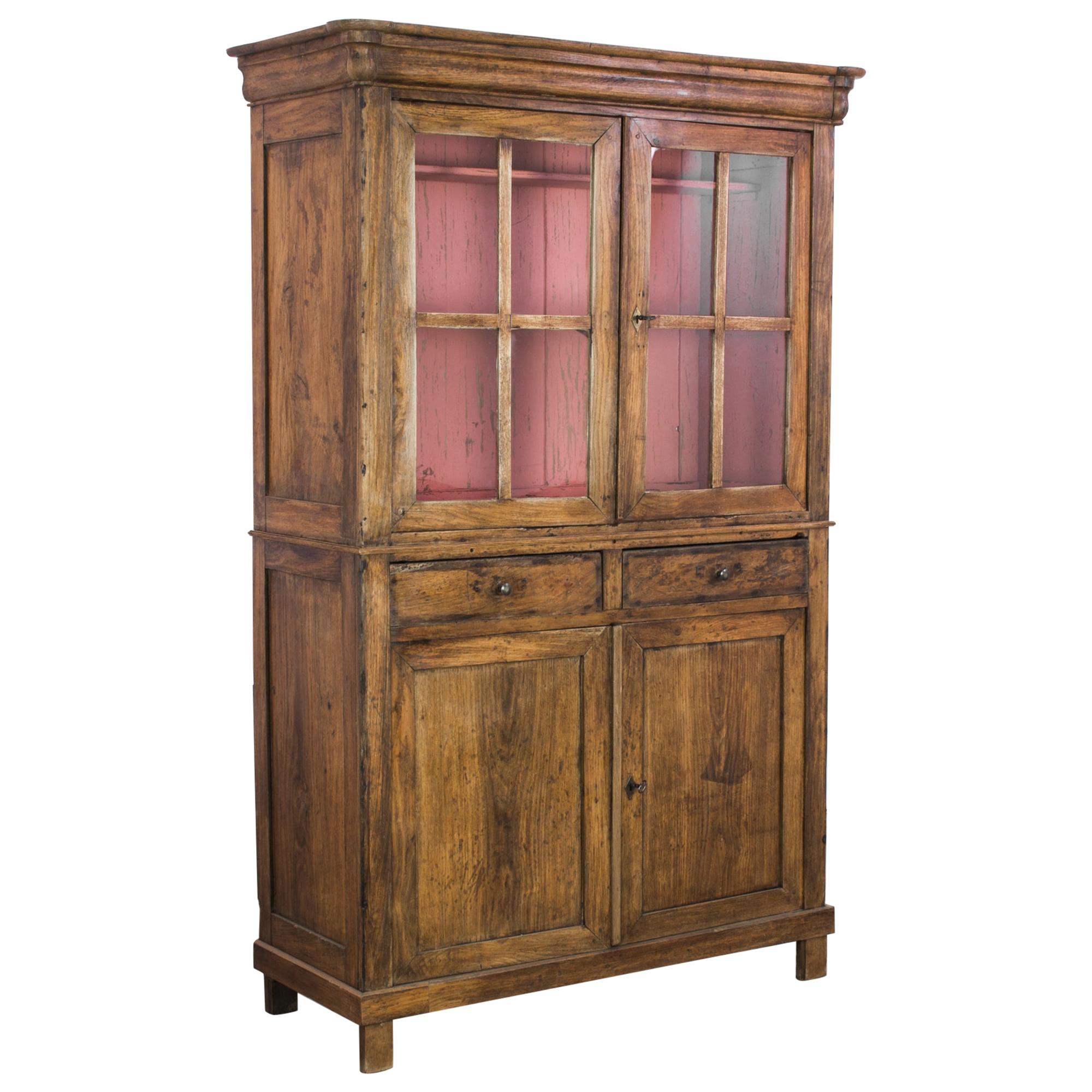 1880s French Country Oak Vitrine with Rose Pink Interior