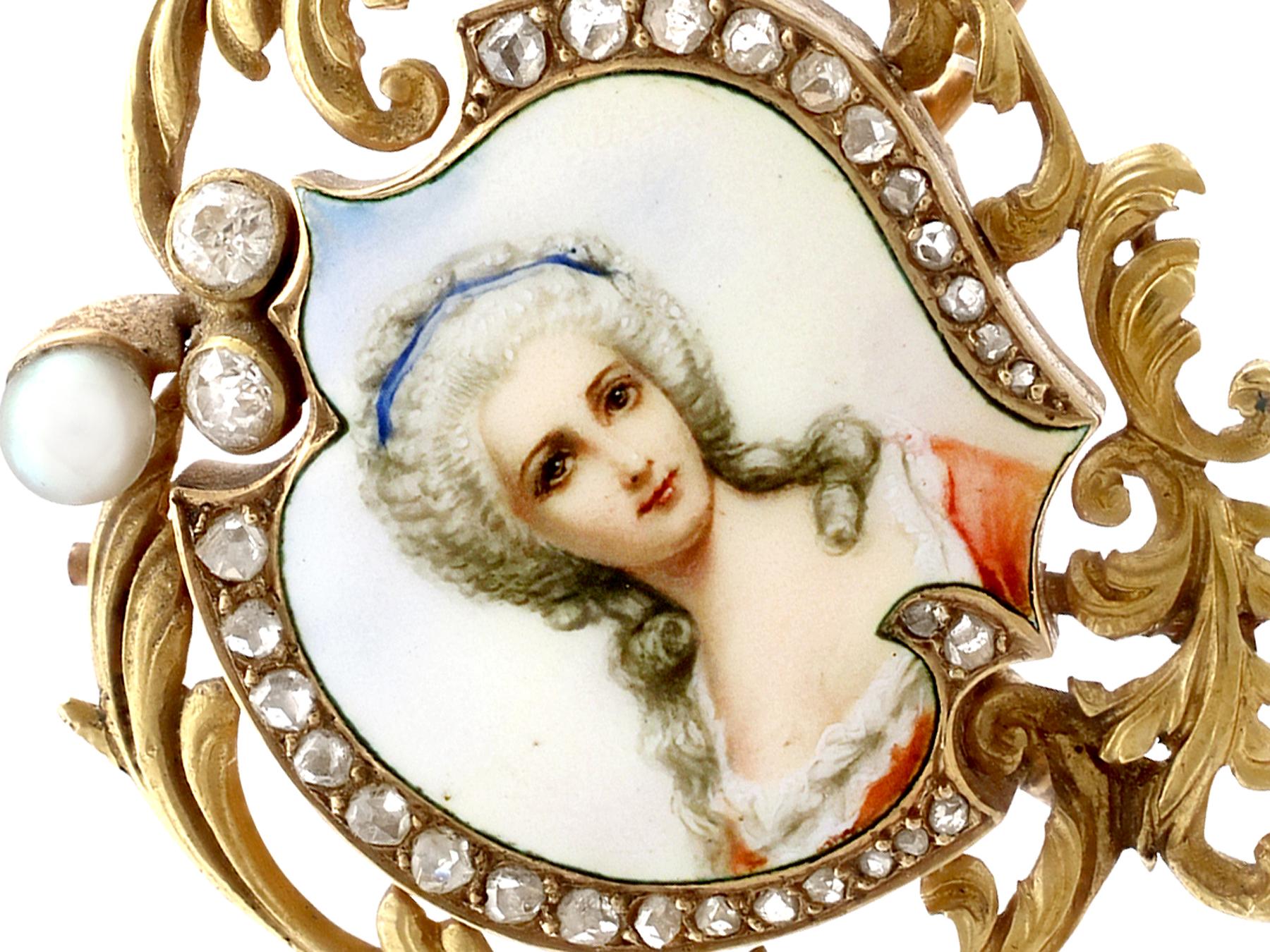 This stunning, fine and impressive antique enamel brooch has been crafted in 18k yellow gold.

The pierced decorated, asymmetrical setting displays a feature hand-painted enamel miniature portrait, depicting a young lady in period dress.

The