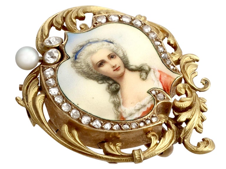 1880s French Diamond and Pearl Enamel Yellow Gold Brooch For Sale at