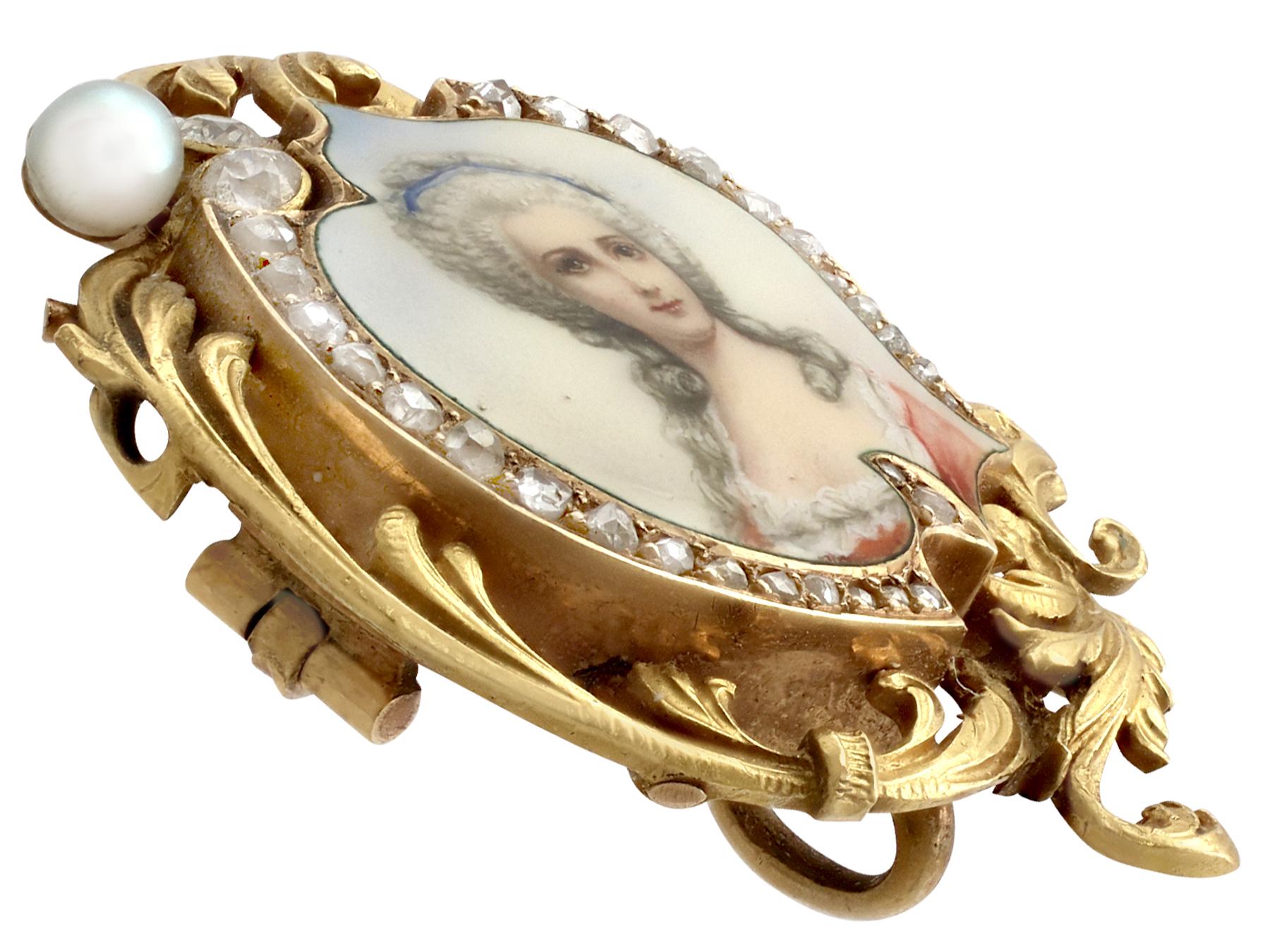 Old European Cut 1880s French Diamond and Pearl Enamel Yellow Gold Brooch