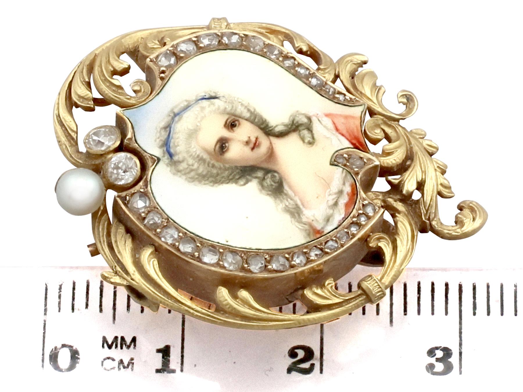 1880s French Diamond and Pearl Enamel Yellow Gold Brooch 1