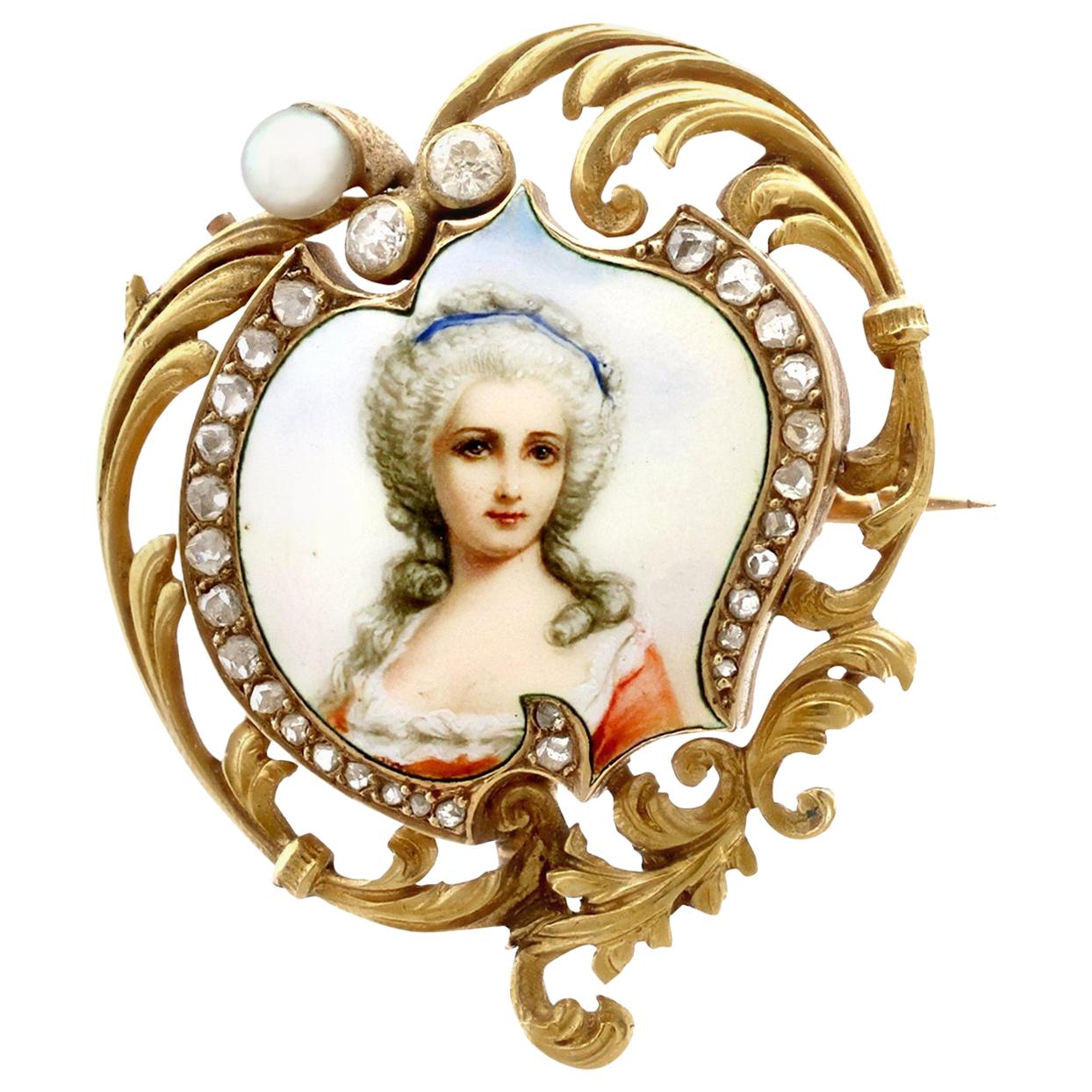 1880s French Diamond and Pearl Enamel Yellow Gold Brooch