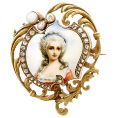 Antique 1880s French Diamond and Pearl Enamel Yellow Gold Brooch