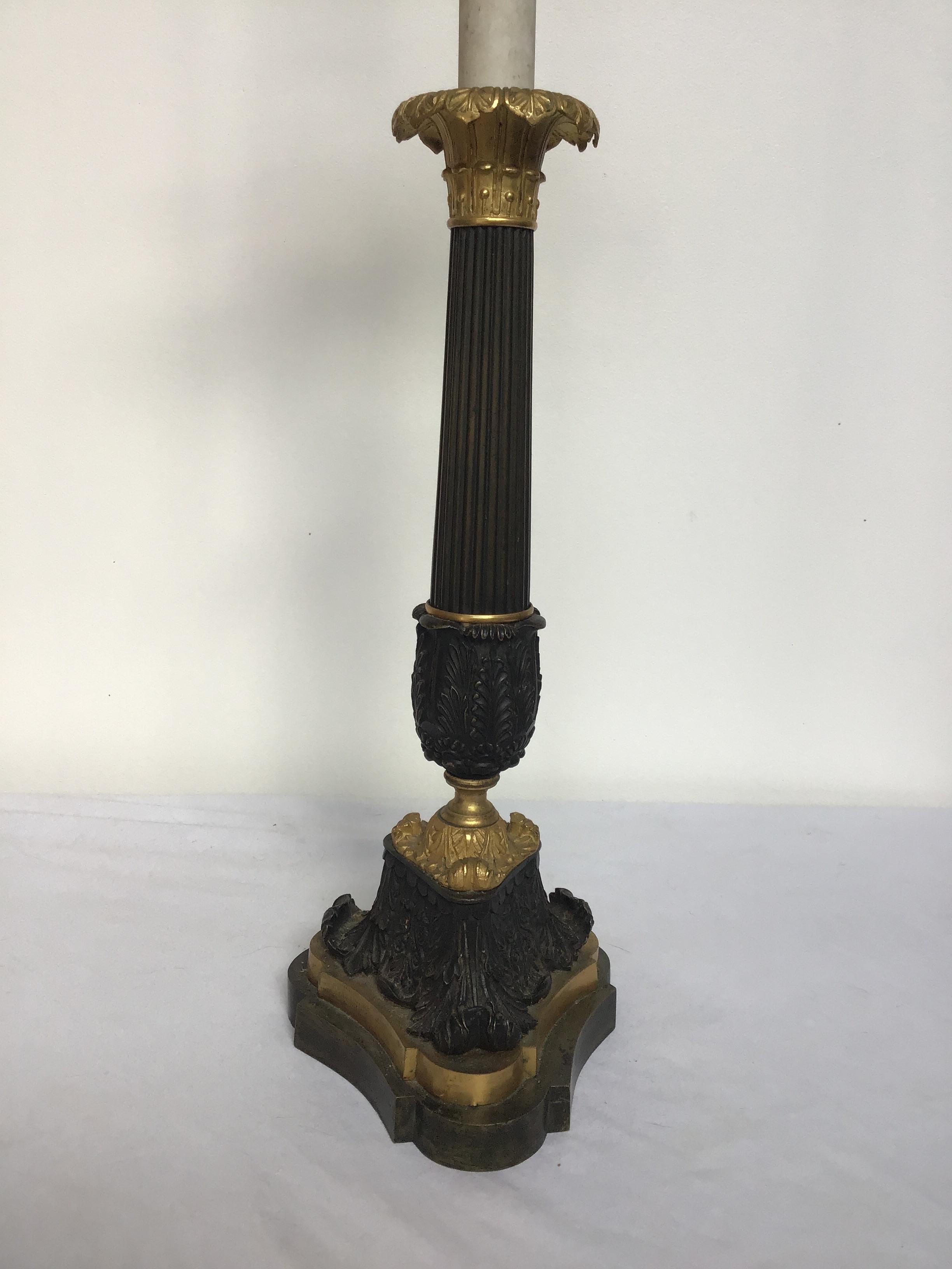 1880s French Empire gilt bronze candlestick lamp.