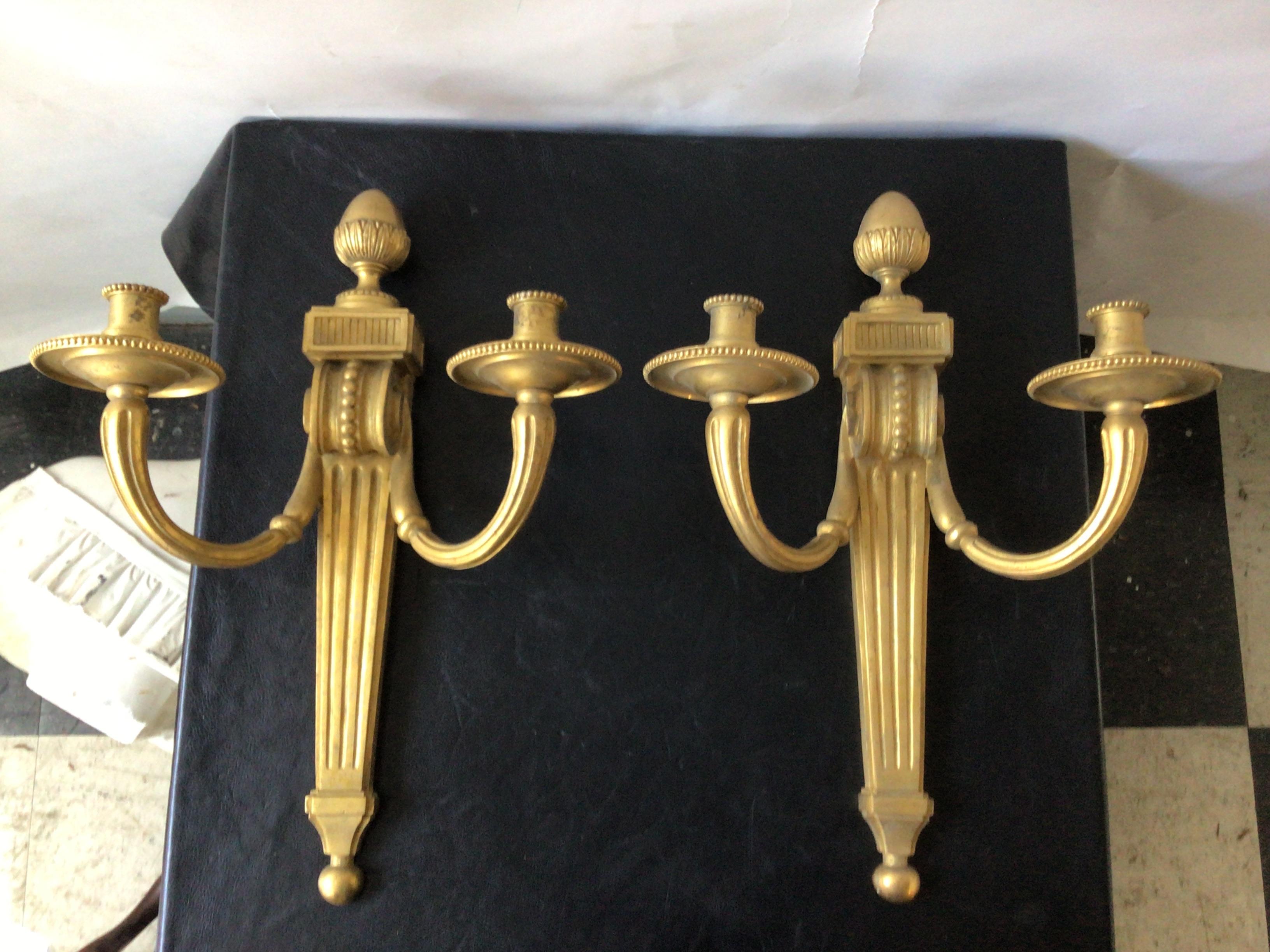 1880s French gilt bronze classical sconces. Needs to be wired. Measure: 19” High.