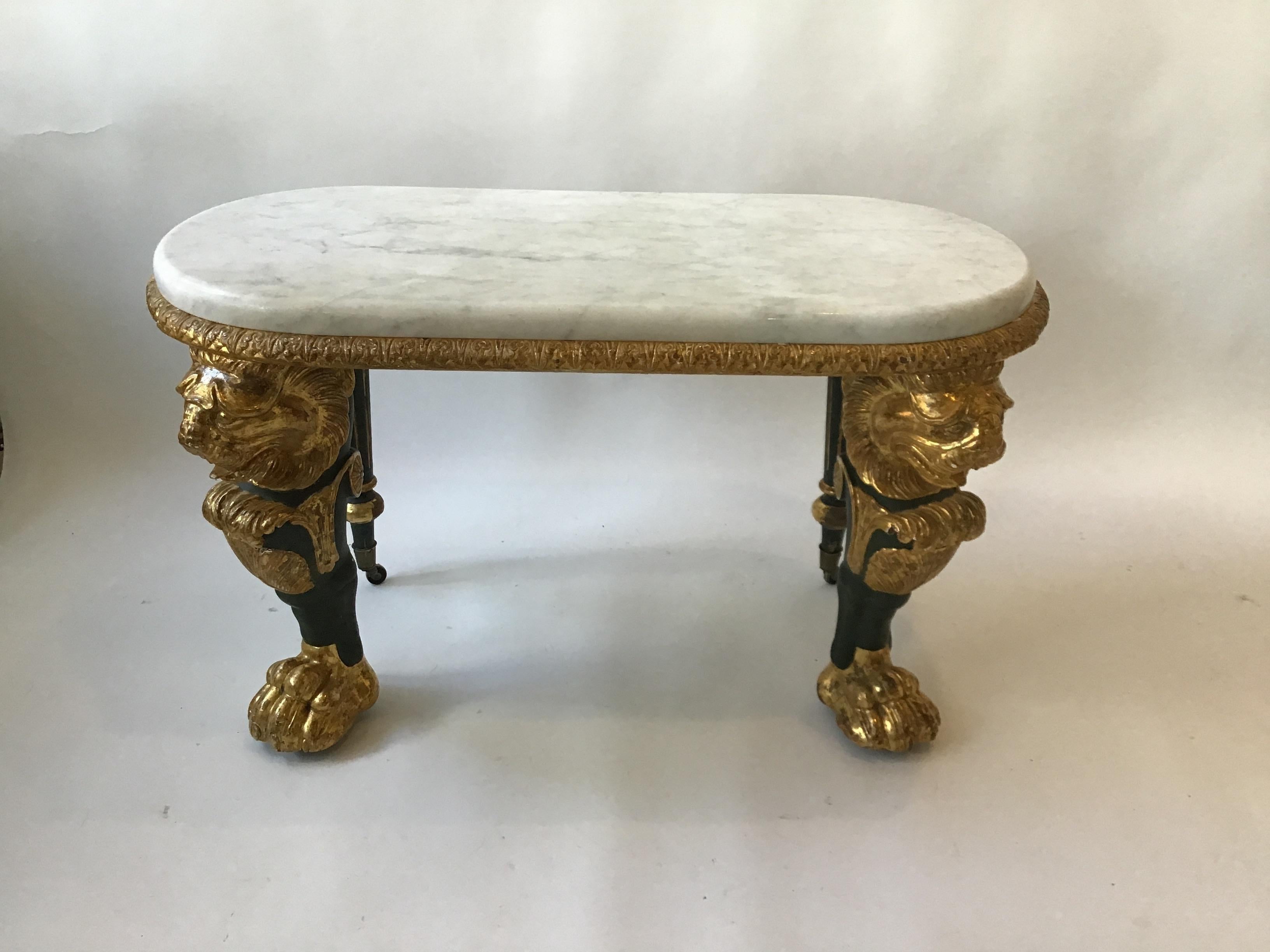 Wood 1880s French Gilt Lion Table with Marble Top For Sale