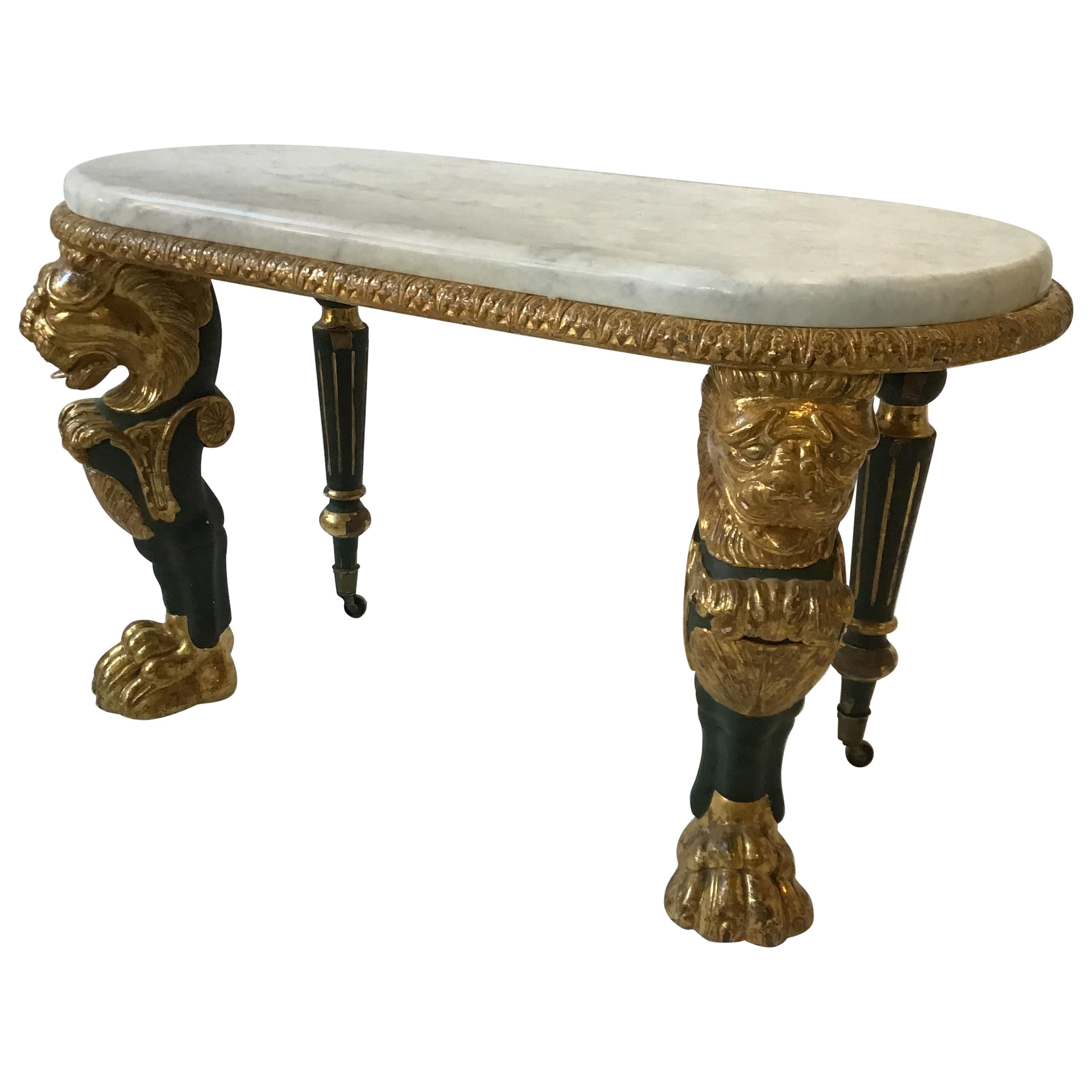1880s French Gilt Lion Table with Marble Top For Sale