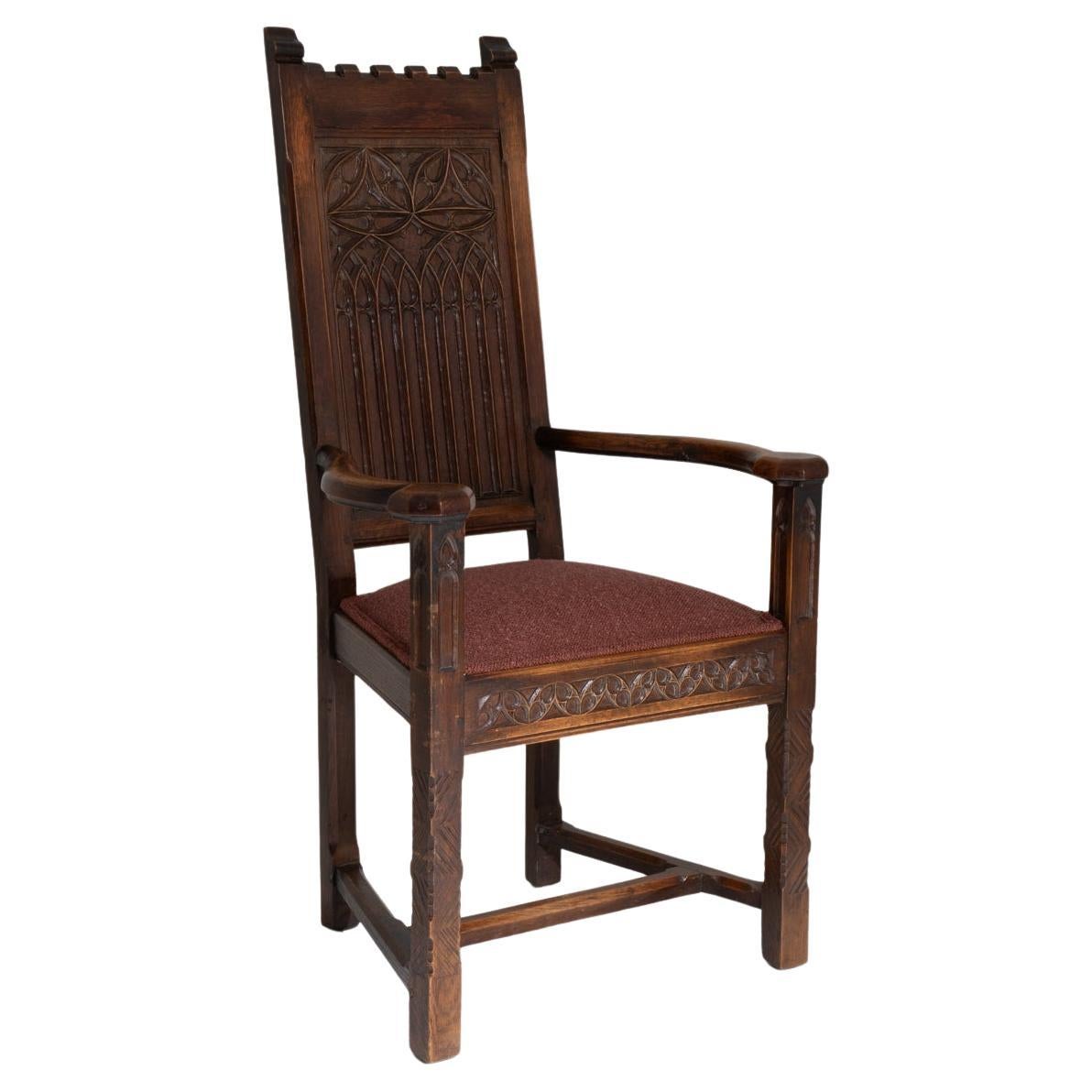 Chaise de trône en chêne néo-gothique français des années 1880