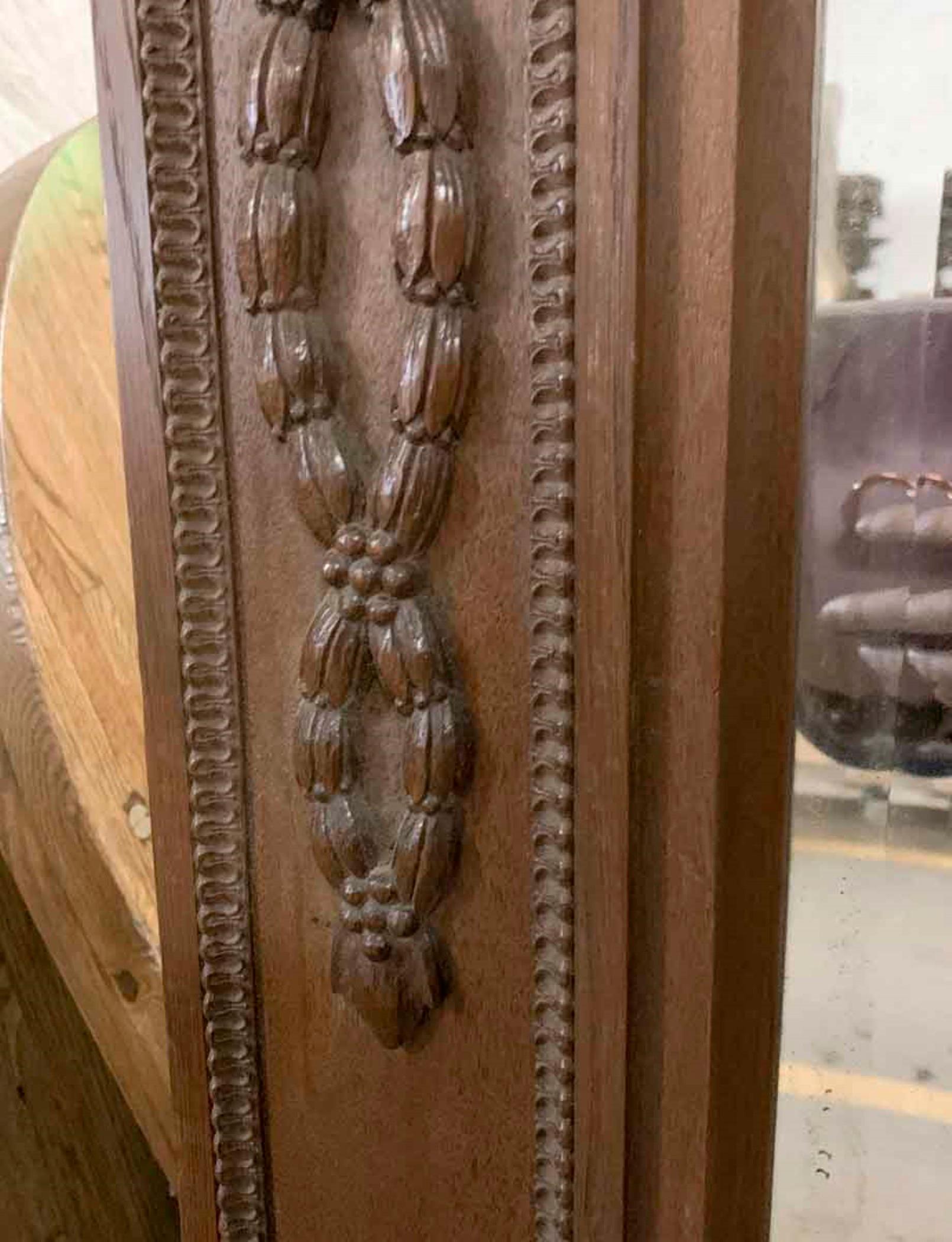 French Hand Carved Oak Mirror Floral Details Over Mantel or Wall Mount For Sale 2