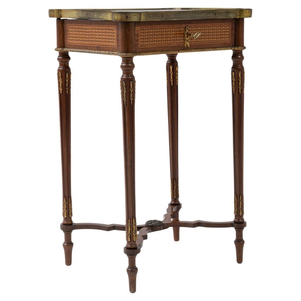 1880s French Louis XVI Style Wooden Side Table With Brass Gallery and Gilt Detai For Sale