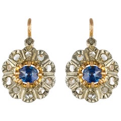 Antique 1880s French Napoleon 3 Rose-Cut Diamonds Sapphire Sleepers Earrings