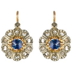 1880s French Napoleon 3 Rose-Cut Diamonds Sapphire Sleepers Earrings