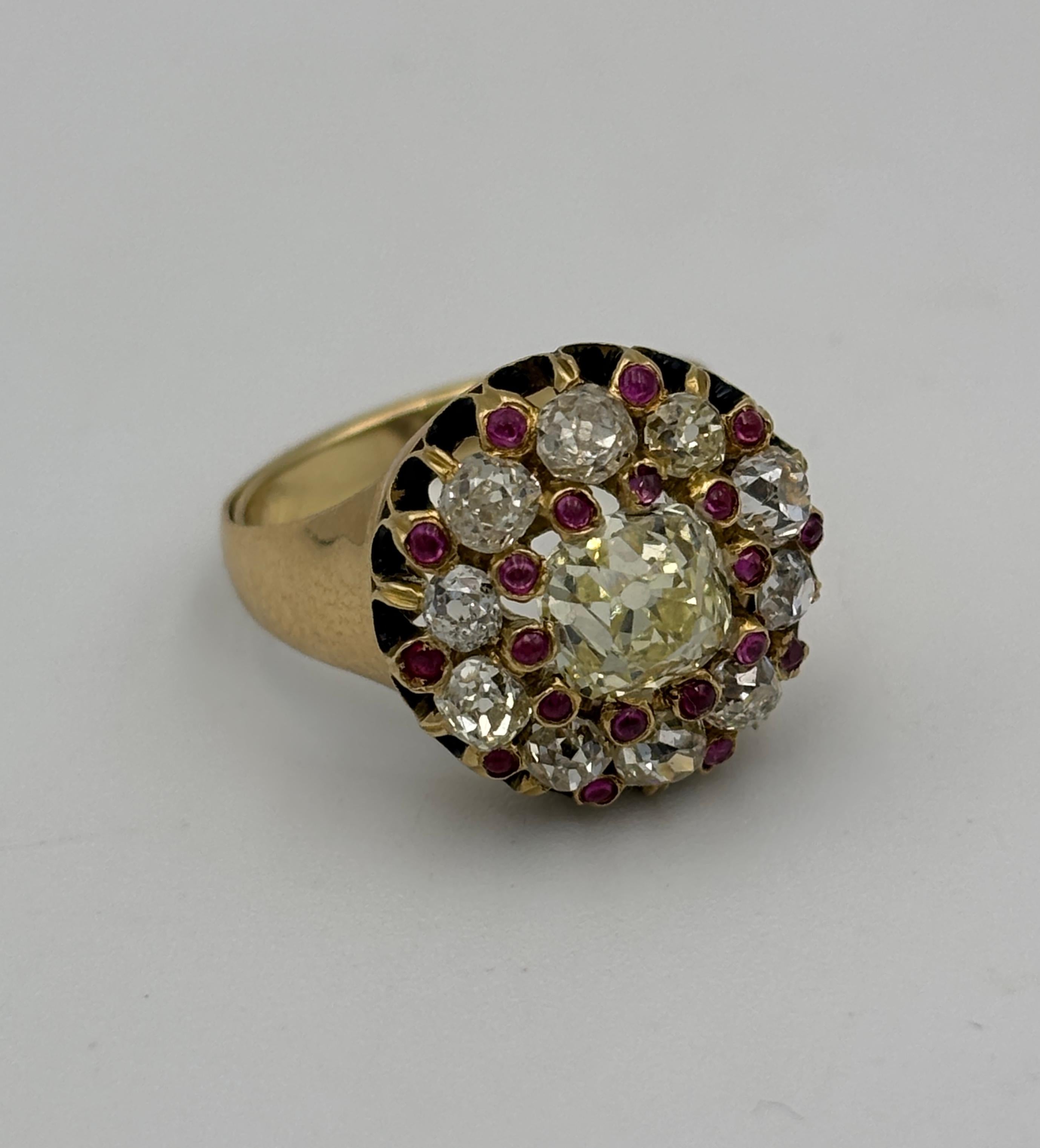 Anillo francés de 1880 de diamante amarillo fantasía natural, diamante talla Old Mine y rubí en venta 4