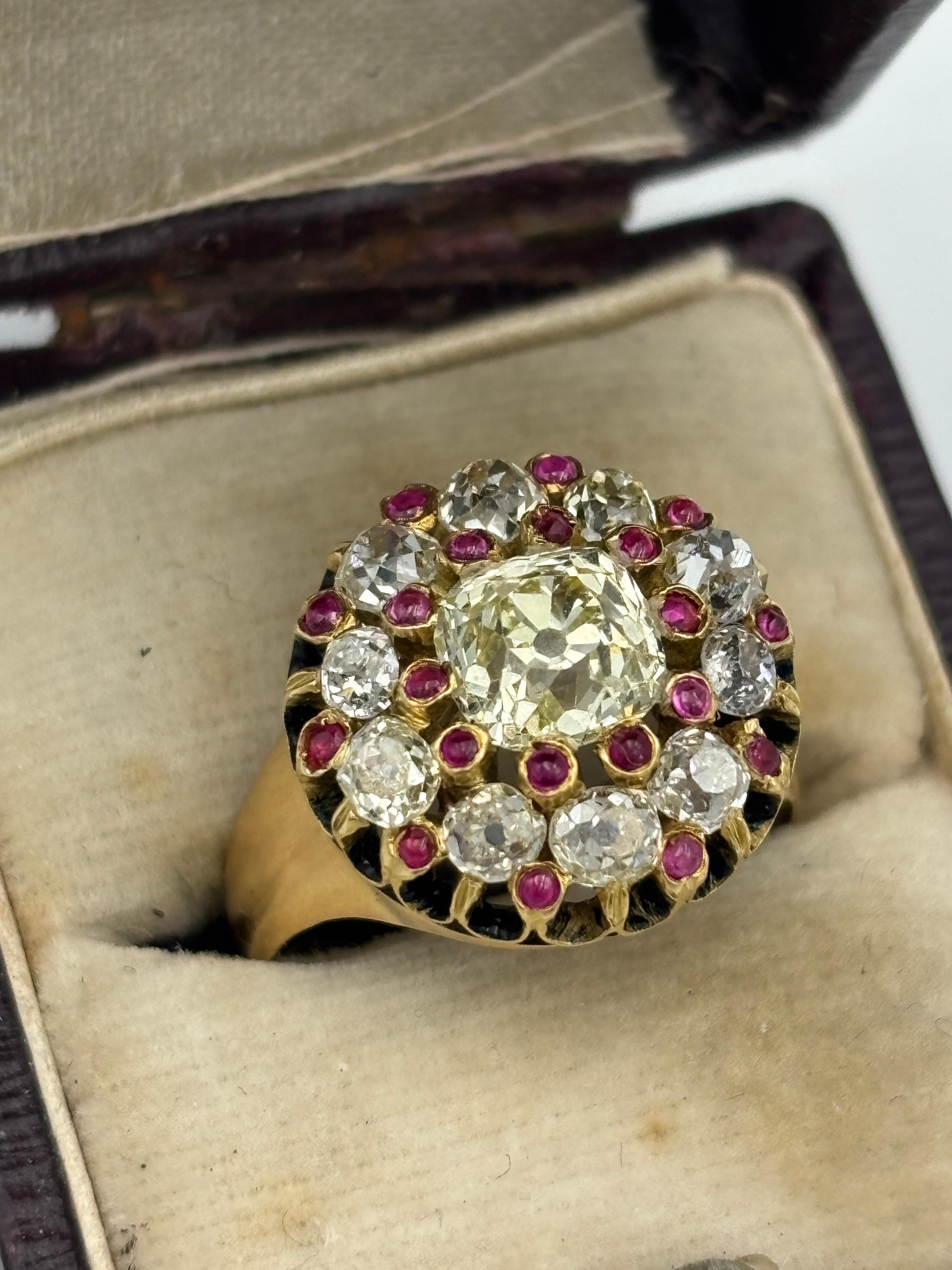 Anillo francés de 1880 de diamante amarillo fantasía natural, diamante talla Old Mine y rubí en venta 5