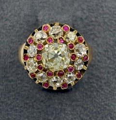 1880s French natural fancy yellow diamond, Old Mine cut diamond and ruby ring