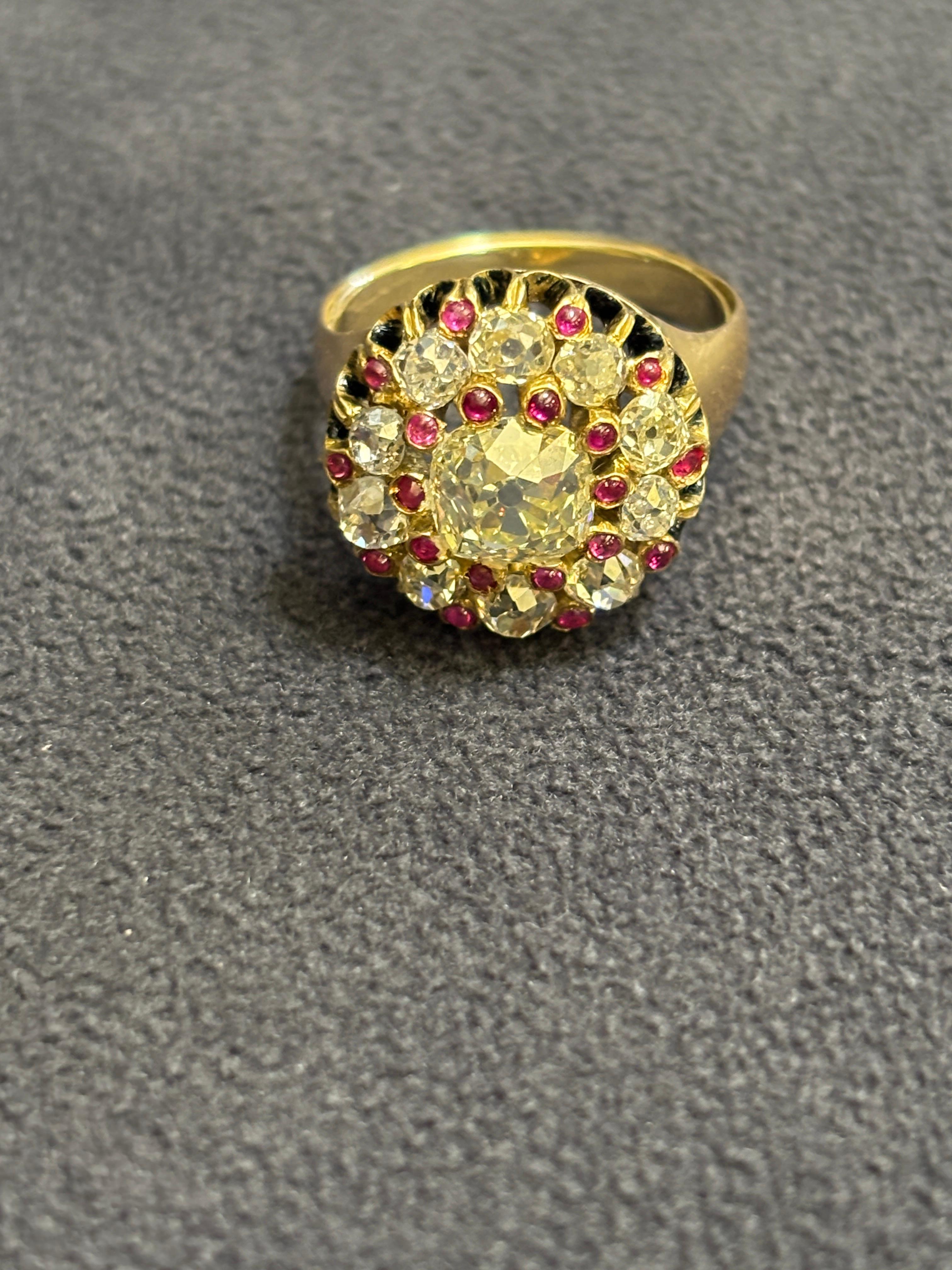 1880er Jahre Französisch natürlichen fancy gelben Diamanten, Old Mine geschnitten Diamant und Rubin Ring für Damen oder Herren im Angebot
