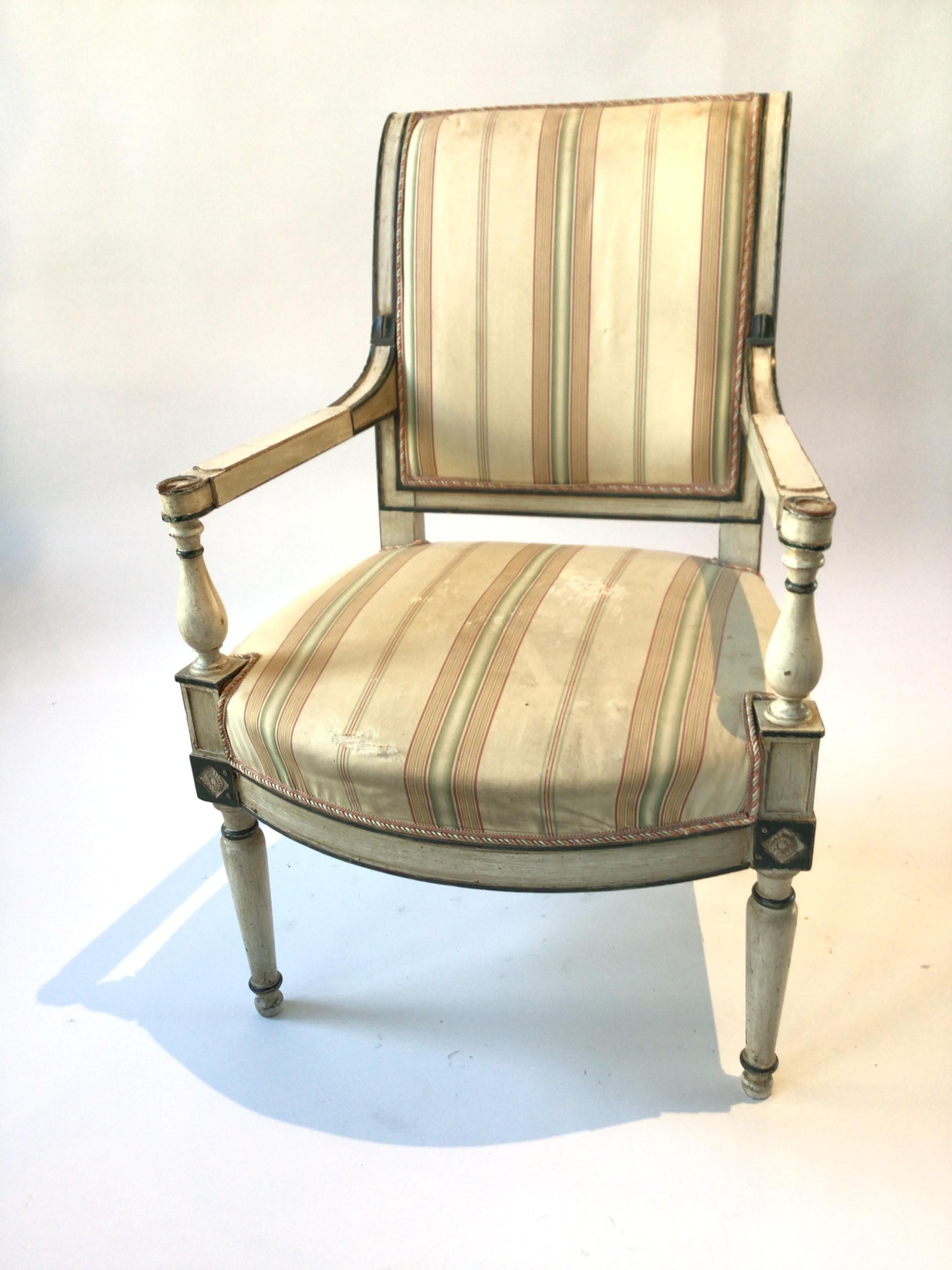 1880s French Directoire painted armchair. Needs reupholstering.