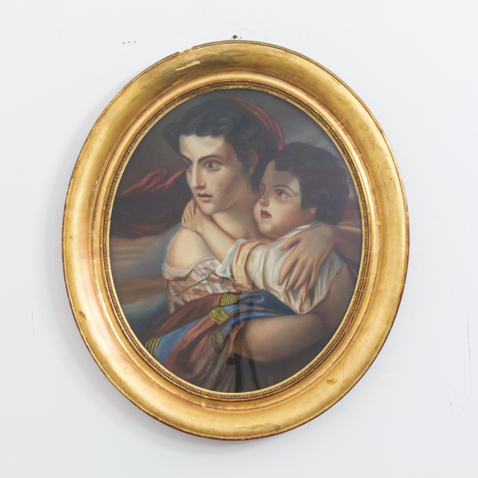 This artwork was made in France, circa 1880, and comes with an oval wooden frame. The painting depicts a young child clinging to the neck of a woman who looks intently toward one side. The rich tones of the drapery and tension in the scene hint at a
