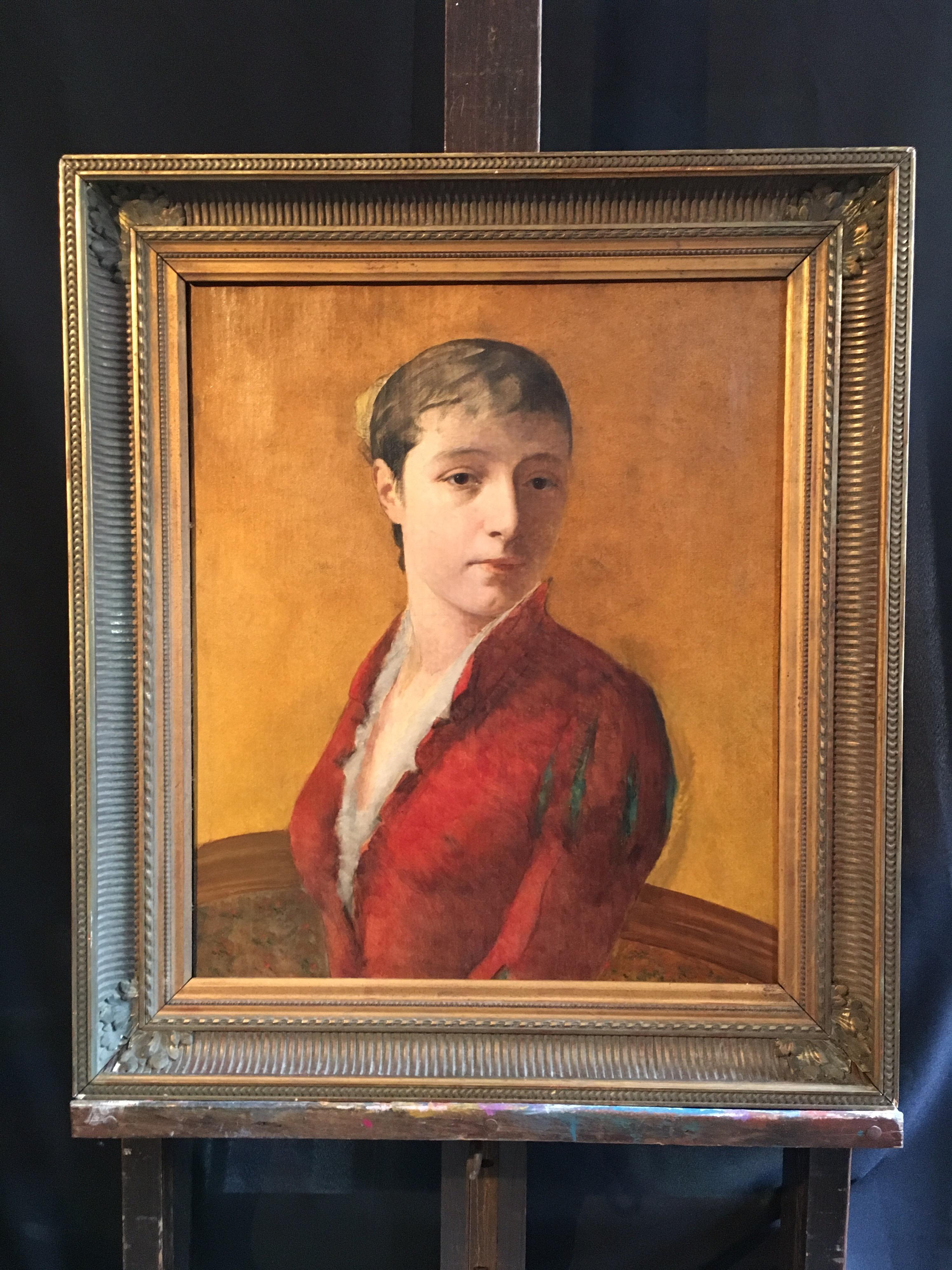 Fine 19th Century French Impressionist Portrait of Lady, Ochre Yellow, framed - Brown Portrait Painting by 1880's French