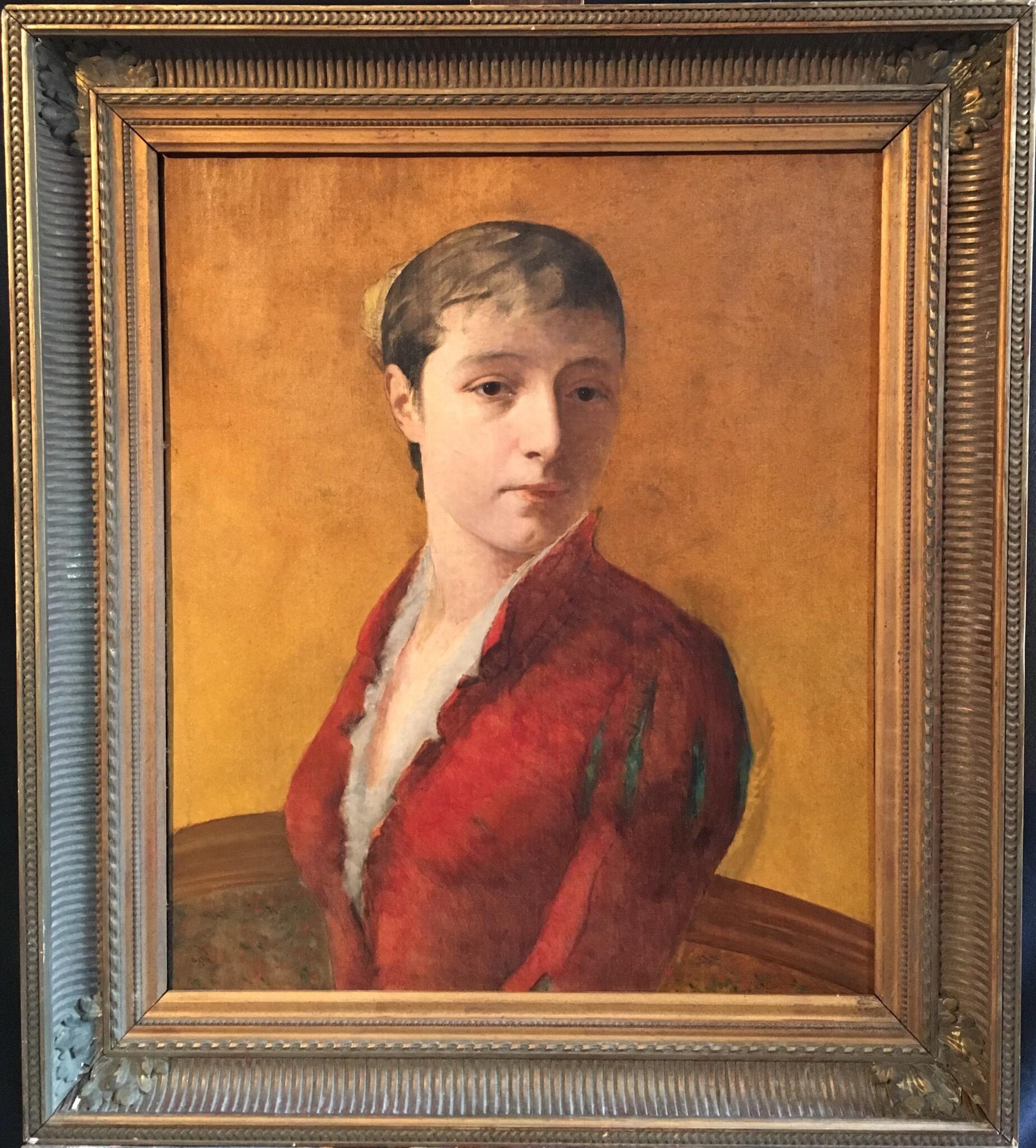 1880's French Portrait Painting - Fine 19th Century French Impressionist Portrait of Lady, Ochre Yellow, framed