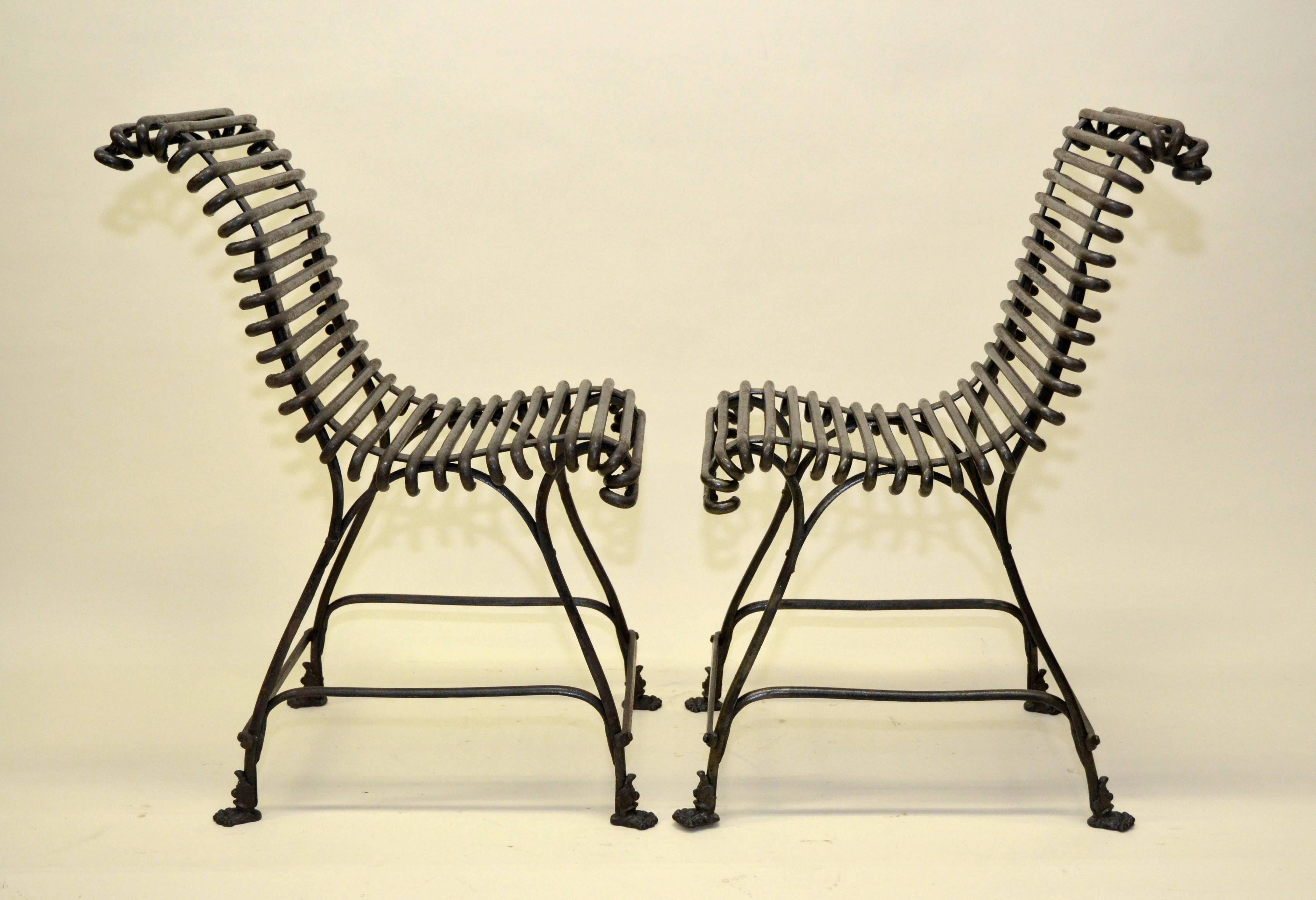 1880s French Pair of Arras Garden Chair with Cast Iron Lion Claw Feet For Sale 1