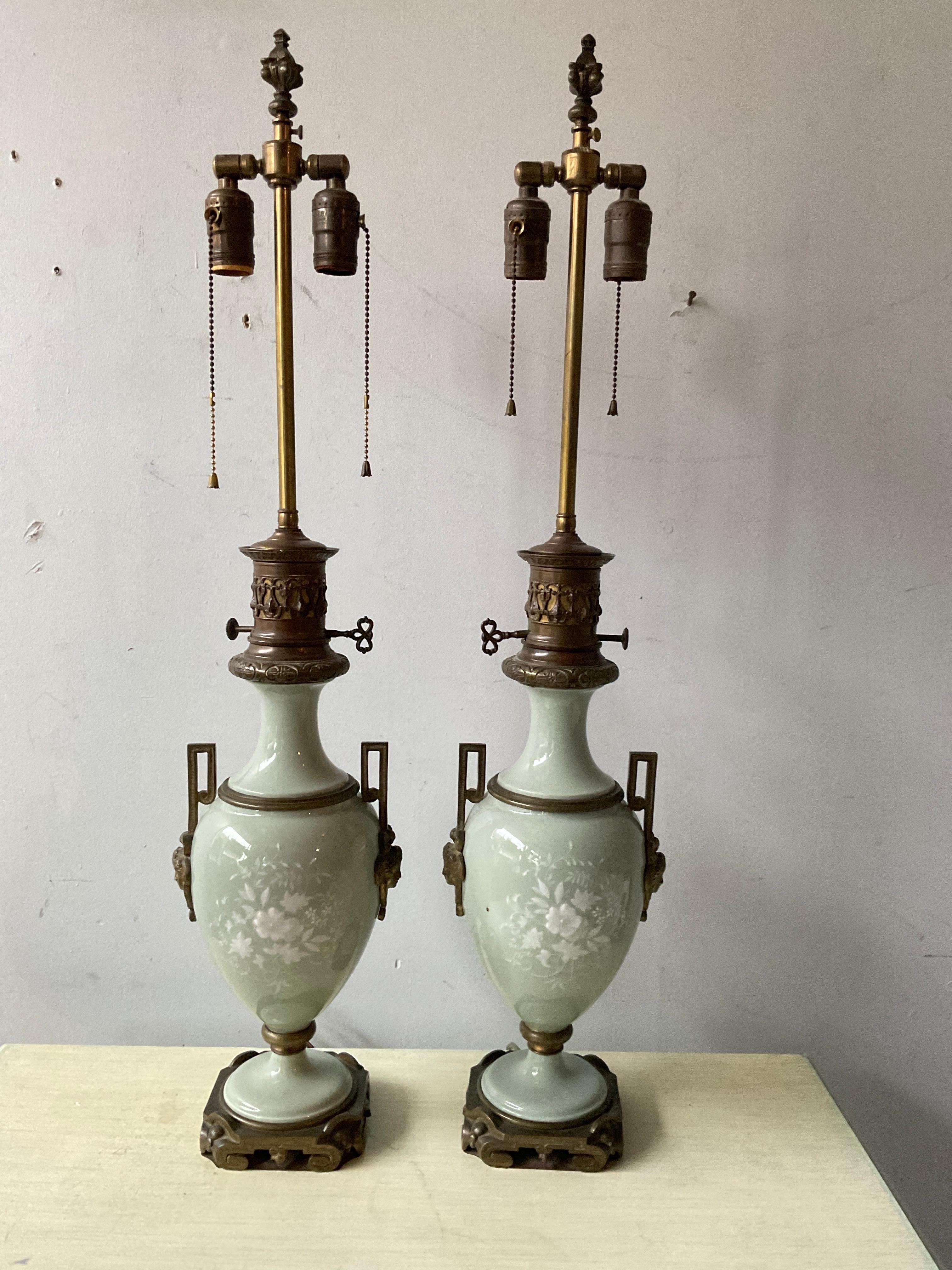 1880s French Pair Of Pate Sur Pate Celadon Green Lamps  In Good Condition For Sale In Tarrytown, NY