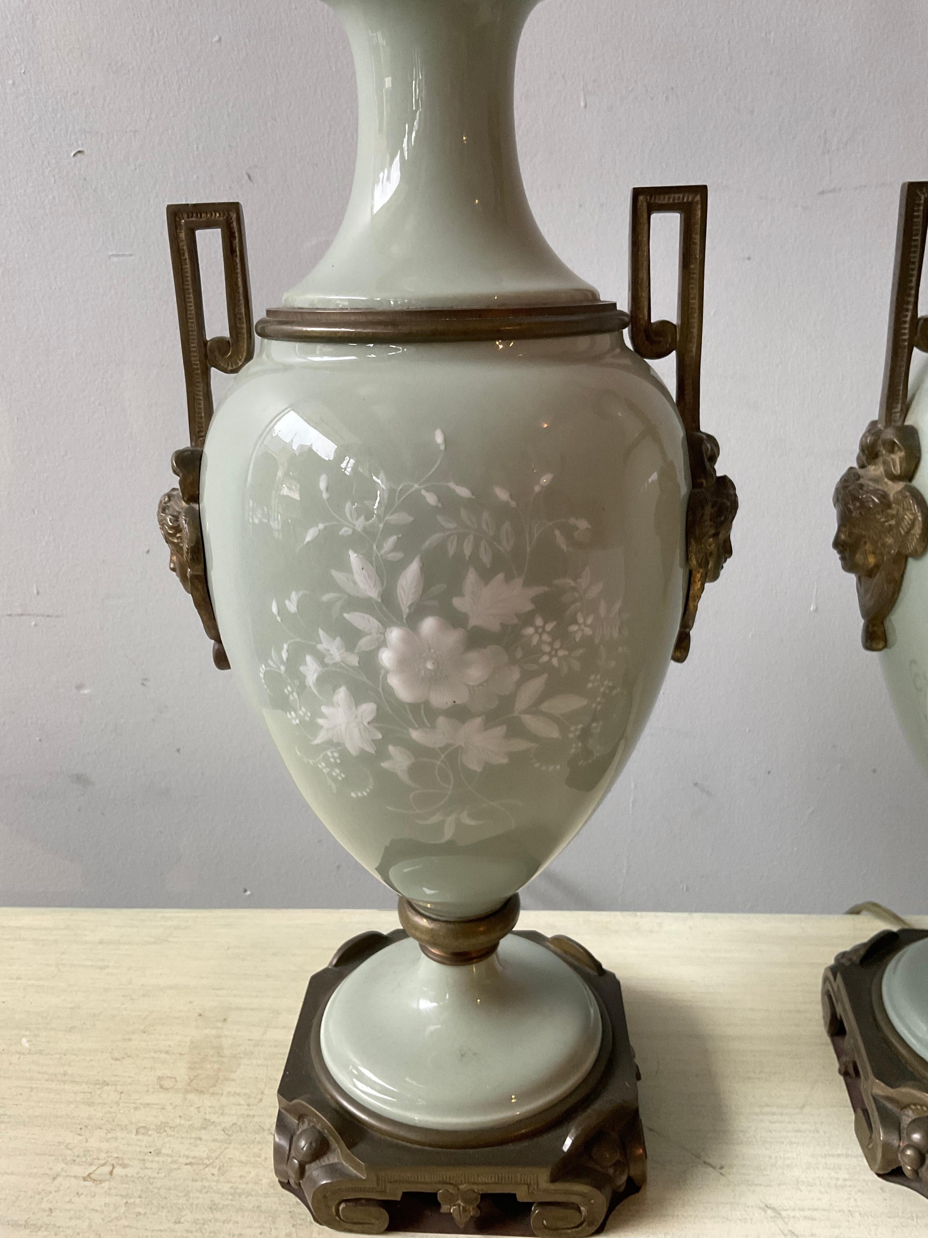 Late 19th Century 1880s French Pair Of Pate Sur Pate Celadon Green Lamps  For Sale