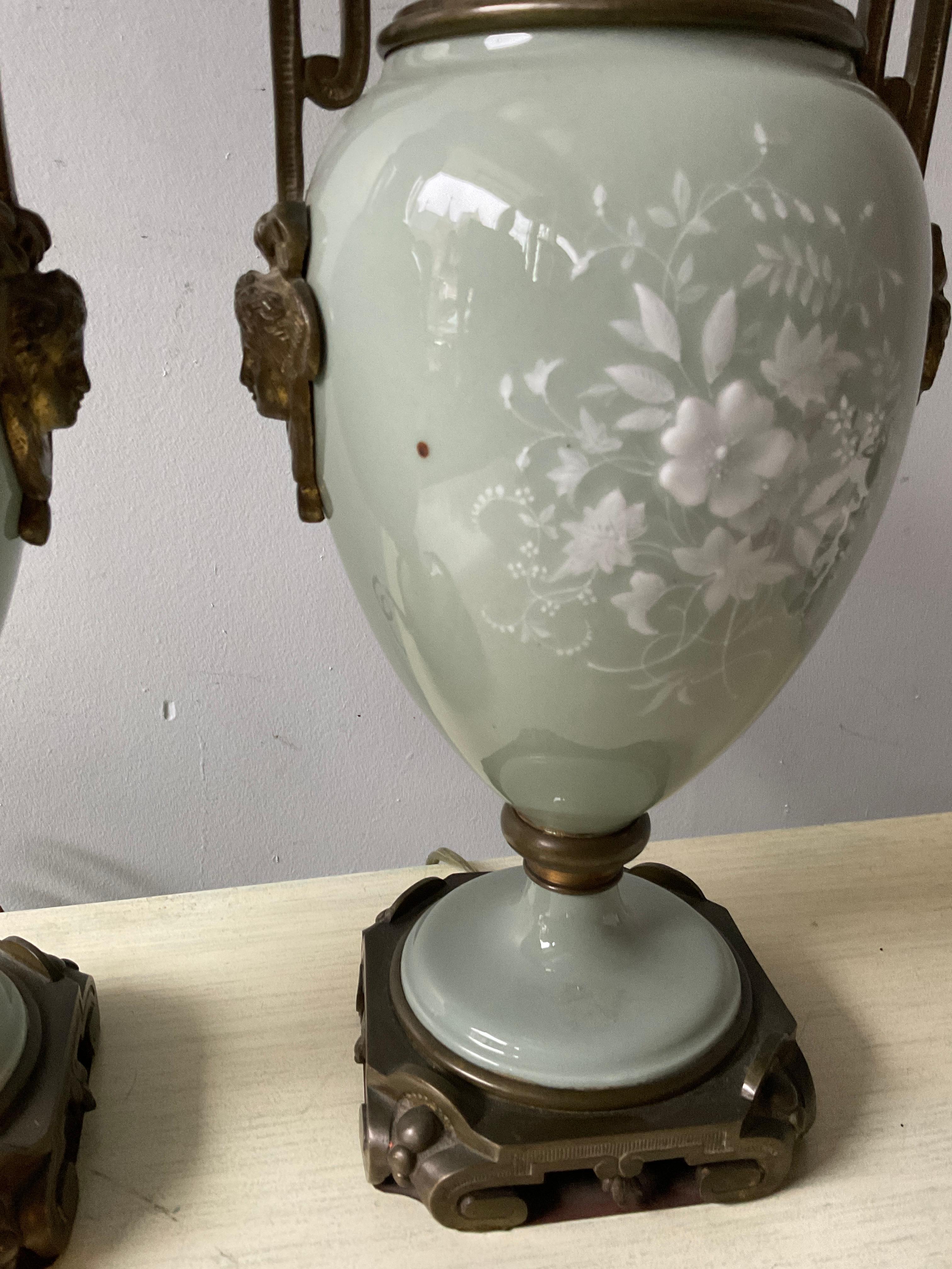 Porcelain 1880s French Pair Of Pate Sur Pate Celadon Green Lamps  For Sale