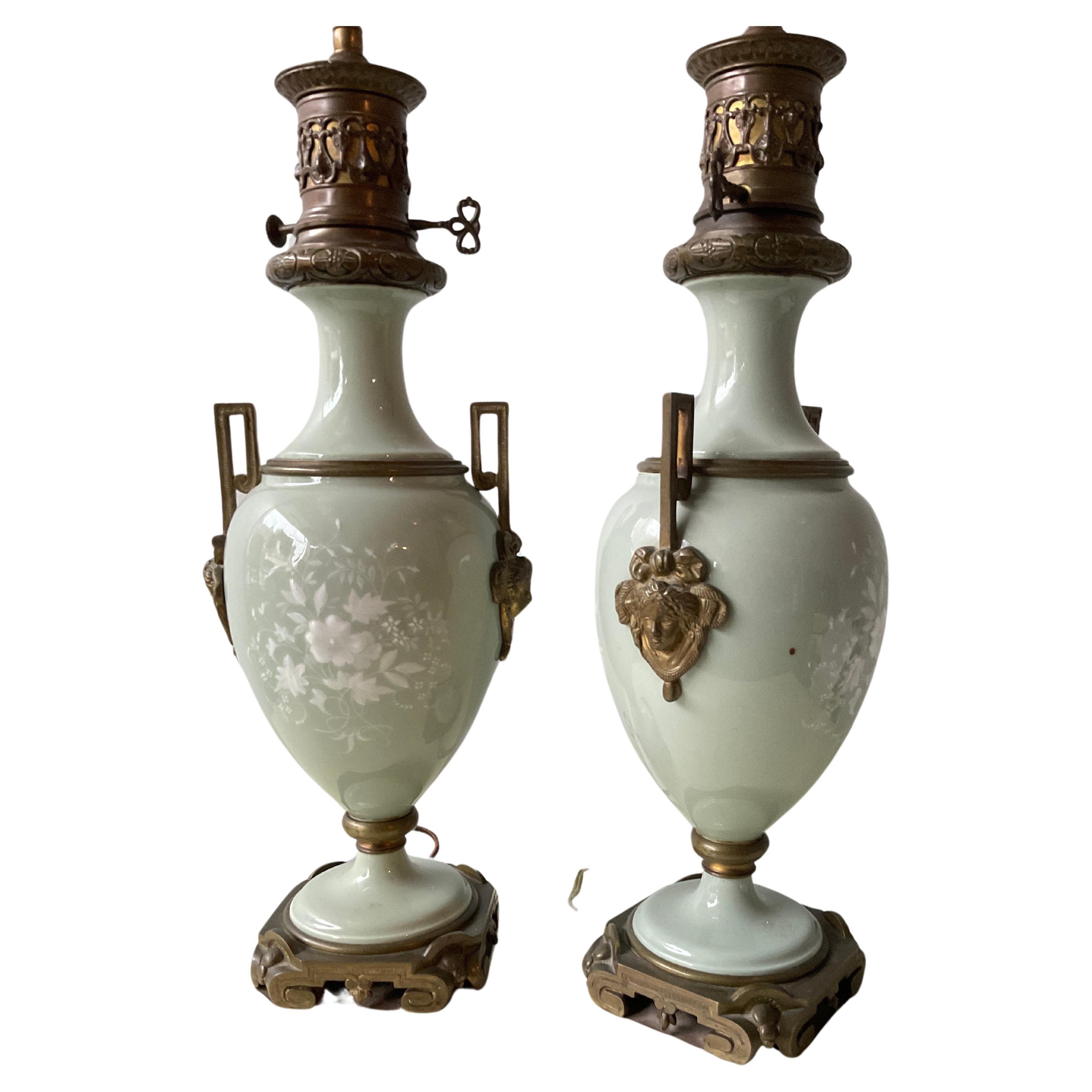 1880s French Pair Of Pate Sur Pate Celadon Green Lamps  For Sale