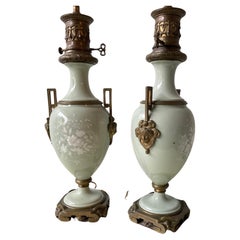 1880s French Pair Of Pate Sur Pate Celadon Green Lamps 